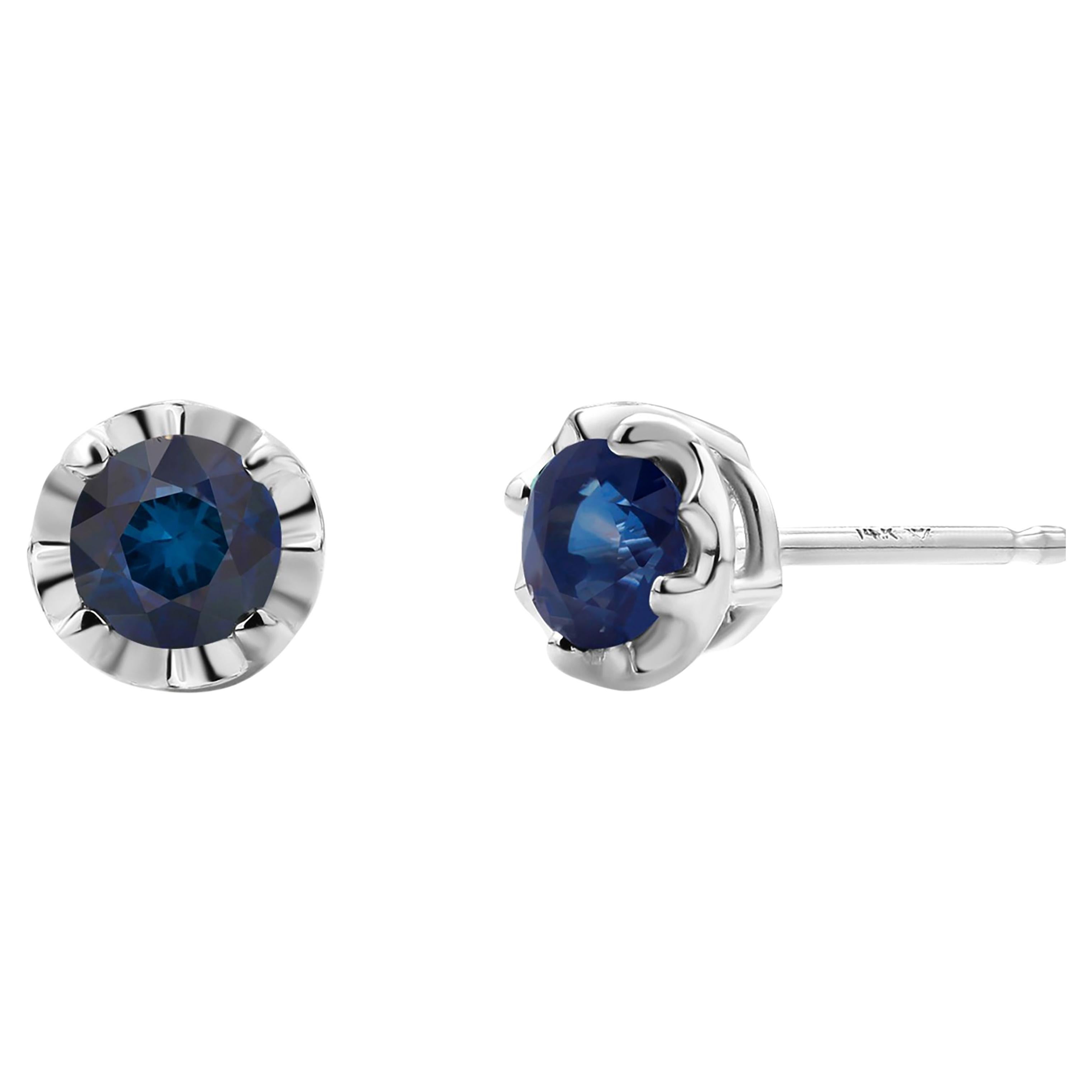 Pair Round Sapphire 0.35 Carat Scalloped Bezel Set White Gold 0.19 Inch Earrings