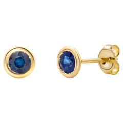 Pair Round Sapphire 0.60 Carat Bezel Set Yellow Gold 0.23 Inch Stud Earrings
