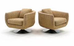 Pair Rounded Back Swivel Lounge Chairs with Cast Aluminum Pedestal Bases
