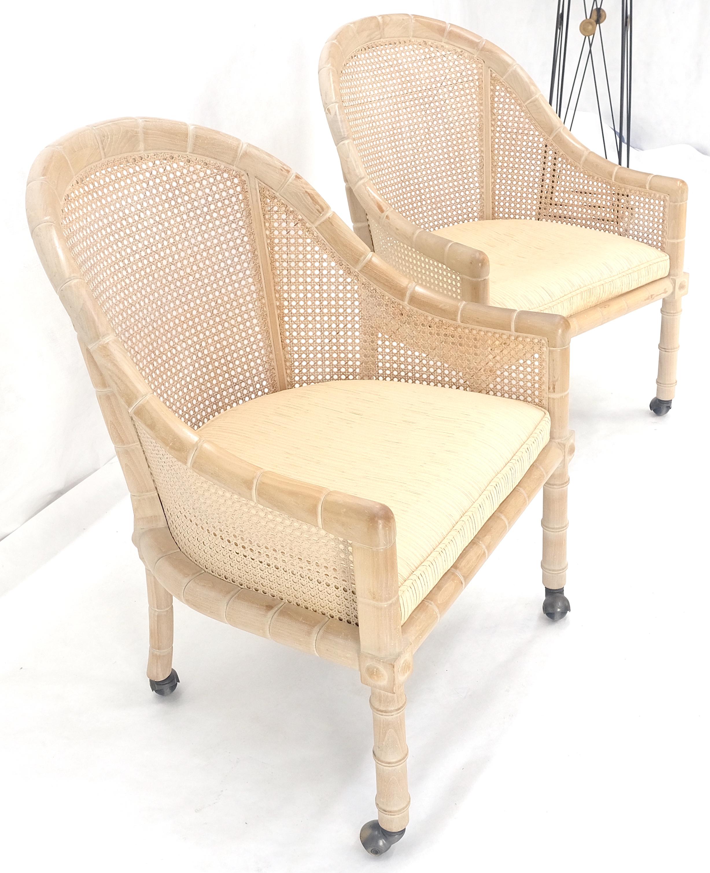 Pair Rounded Barrel Cane Back White Wash Carved Faux Bamboo Lounge Chairs MINT! For Sale 5