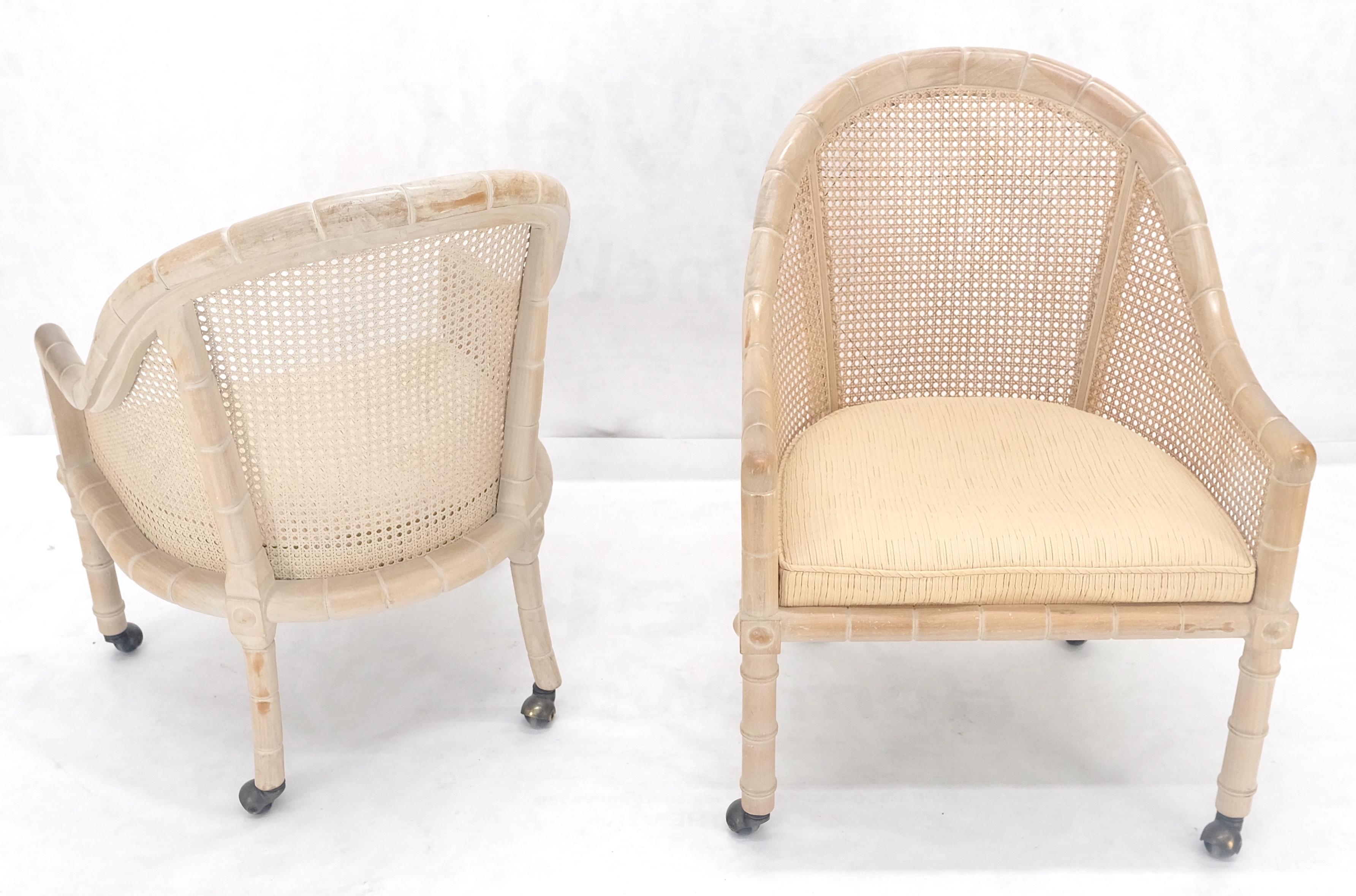 Mid-Century Modern Pair Rounded Barrel Cane Back White Wash Carved Faux Bamboo Lounge Chairs MINT! For Sale