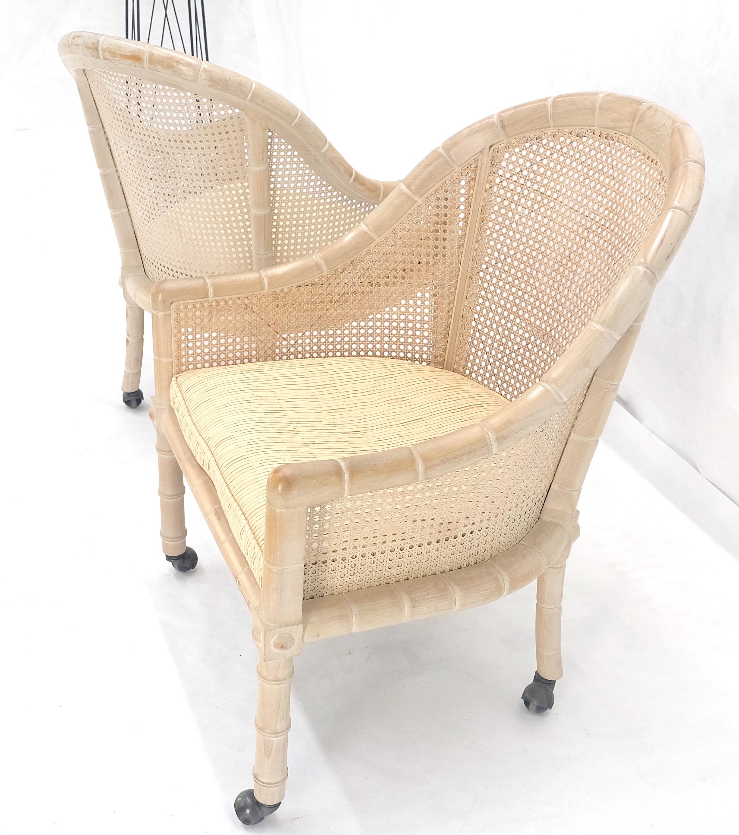 American Pair Rounded Barrel Cane Back White Wash Carved Faux Bamboo Lounge Chairs MINT! For Sale