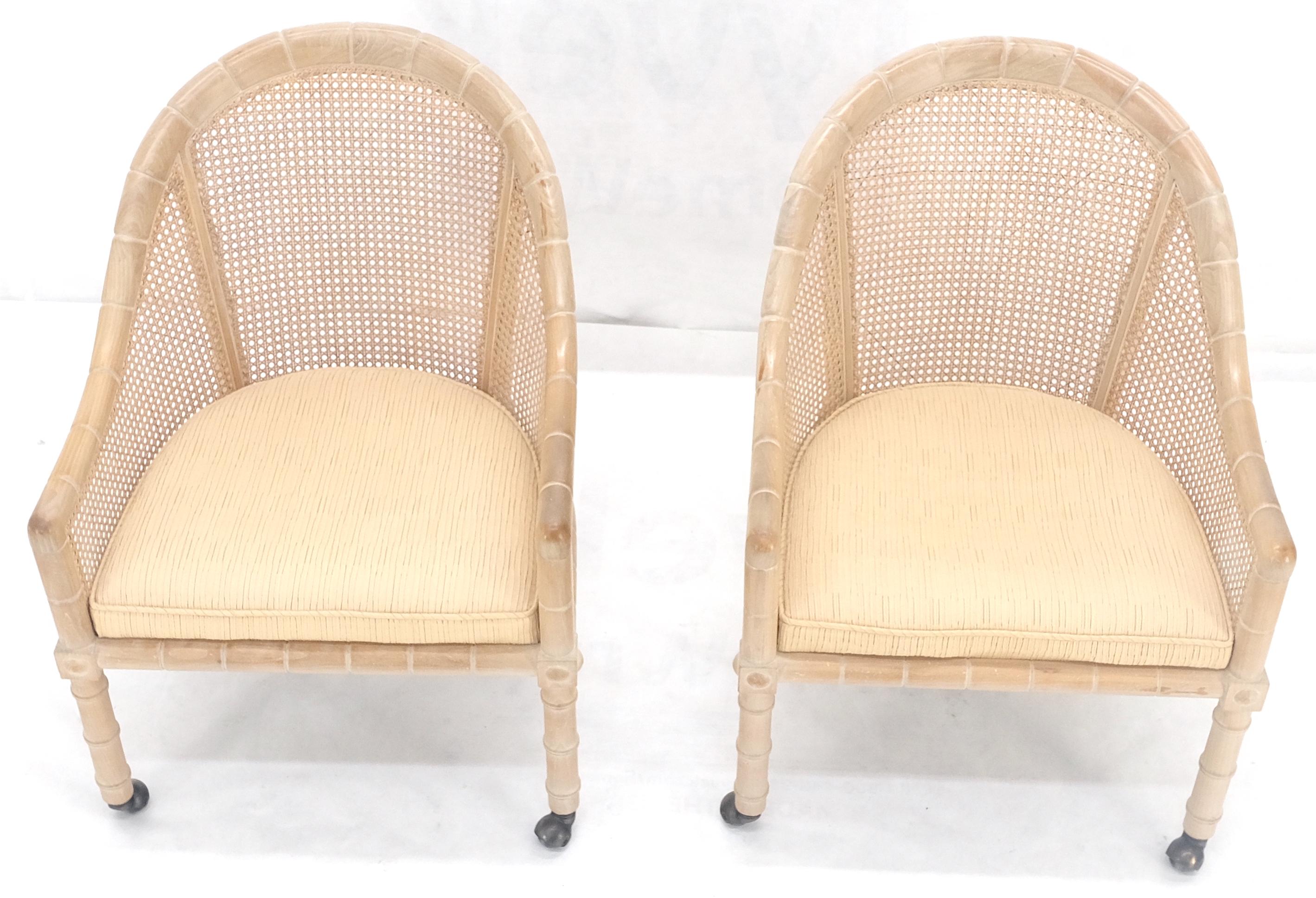 Pair Rounded Barrel Cane Back White Wash Carved Faux Bamboo Lounge Chairs MINT! In Excellent Condition For Sale In Rockaway, NJ