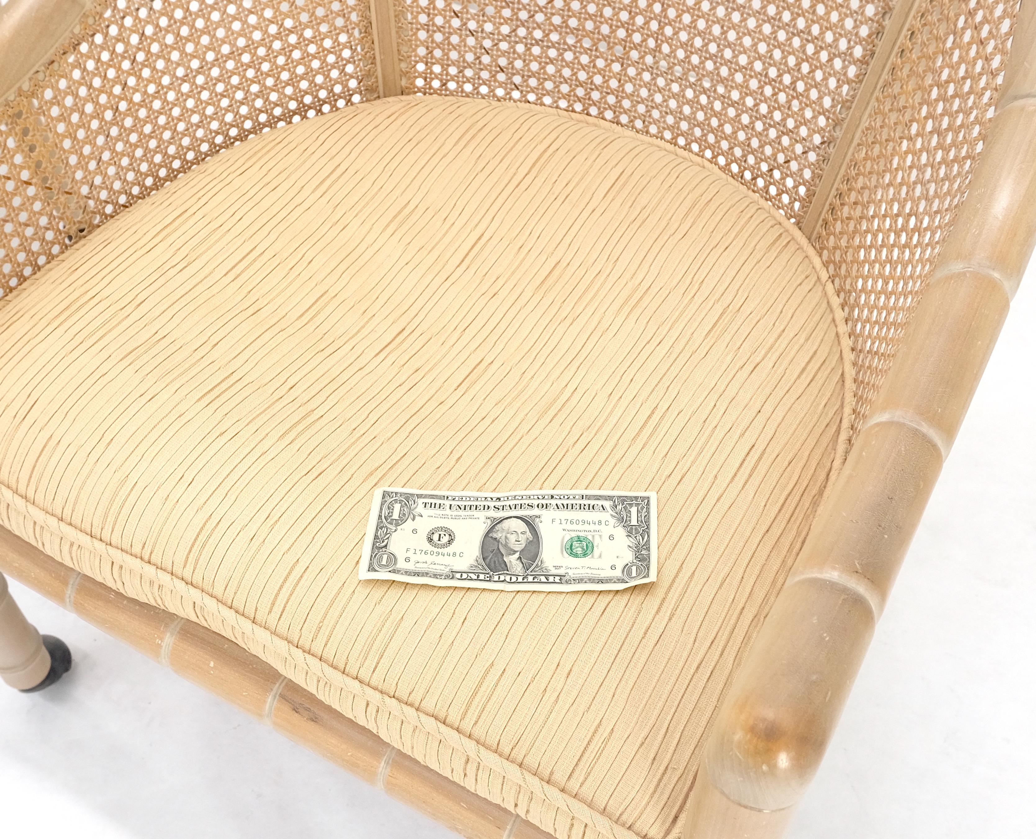 20th Century Pair Rounded Barrel Cane Back White Wash Carved Faux Bamboo Lounge Chairs MINT! For Sale