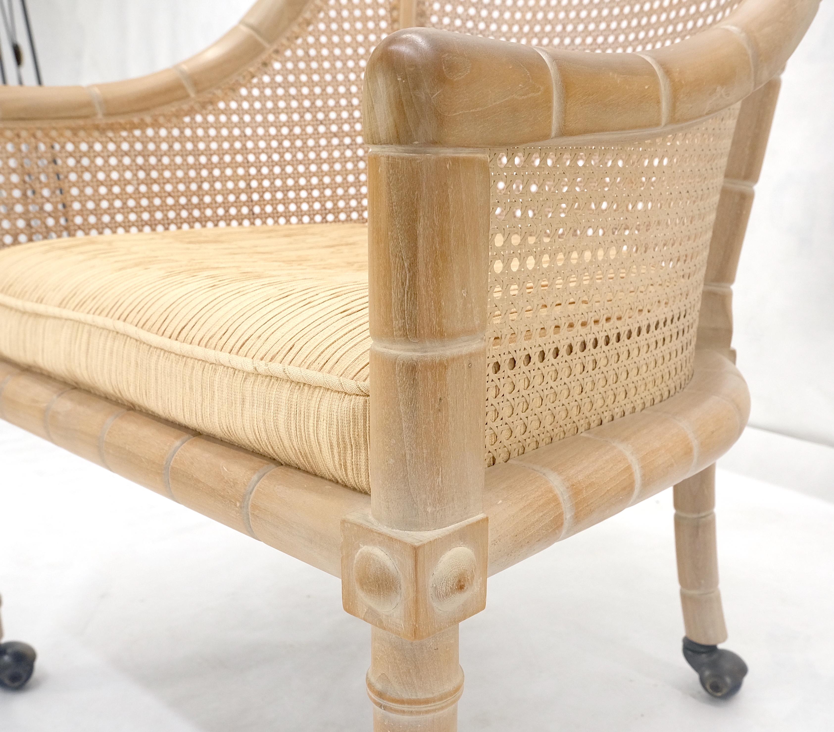 Hardwood Pair Rounded Barrel Cane Back White Wash Carved Faux Bamboo Lounge Chairs MINT! For Sale
