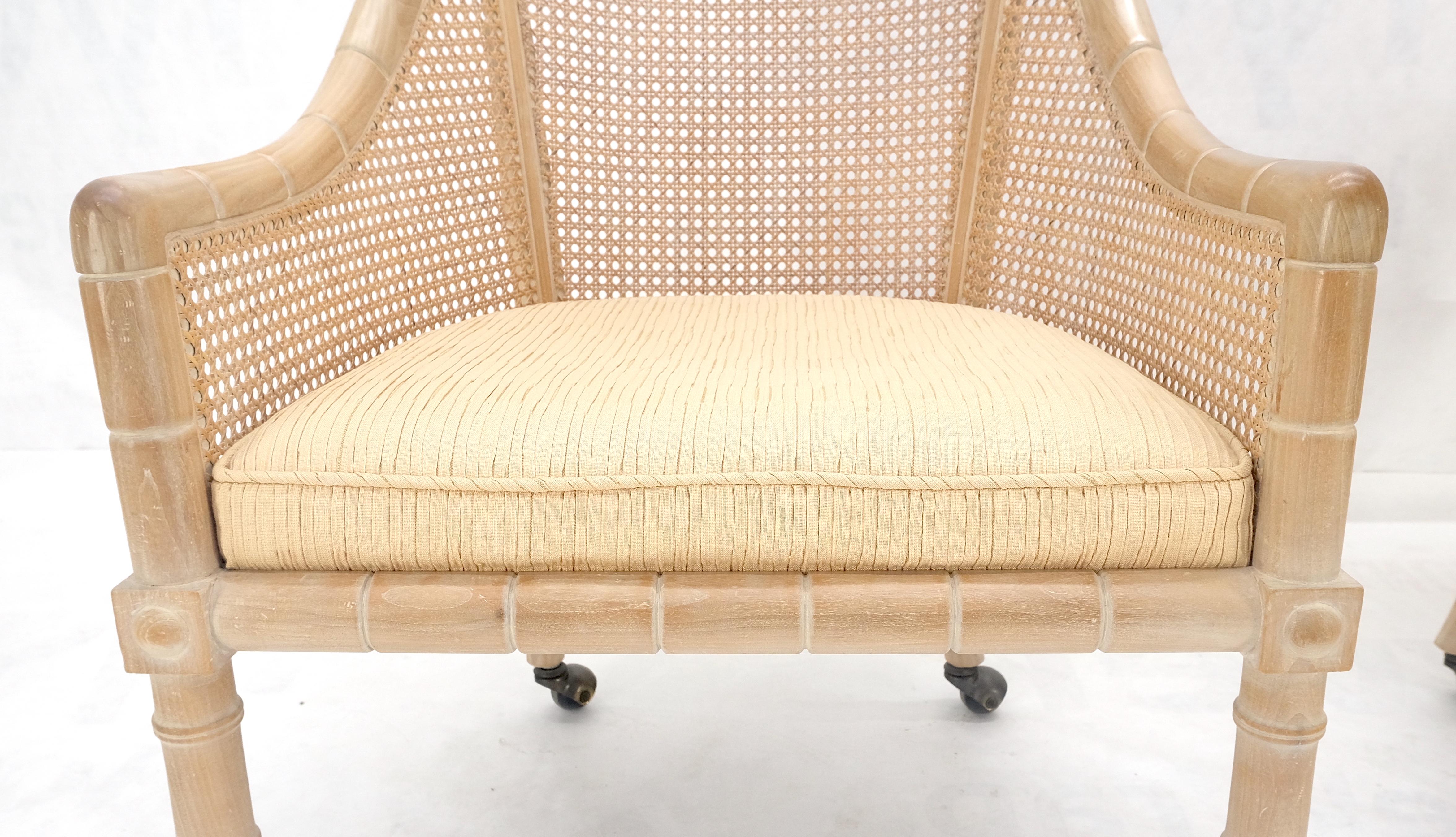Pair Rounded Barrel Cane Back White Wash Carved Faux Bamboo Lounge Chairs MINT! For Sale 1