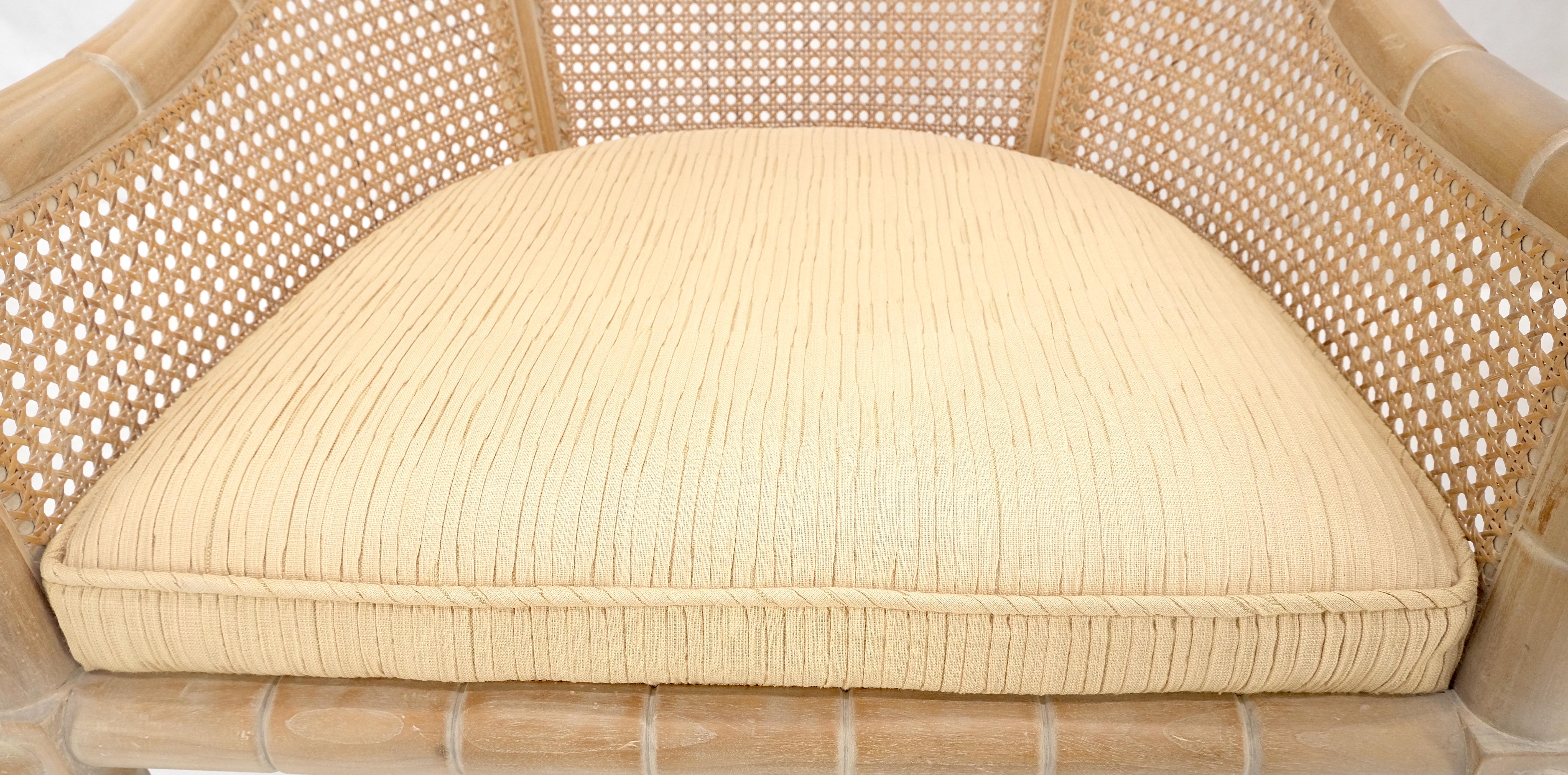 Pair Rounded Barrel Cane Back White Wash Carved Faux Bamboo Lounge Chairs MINT! For Sale 2