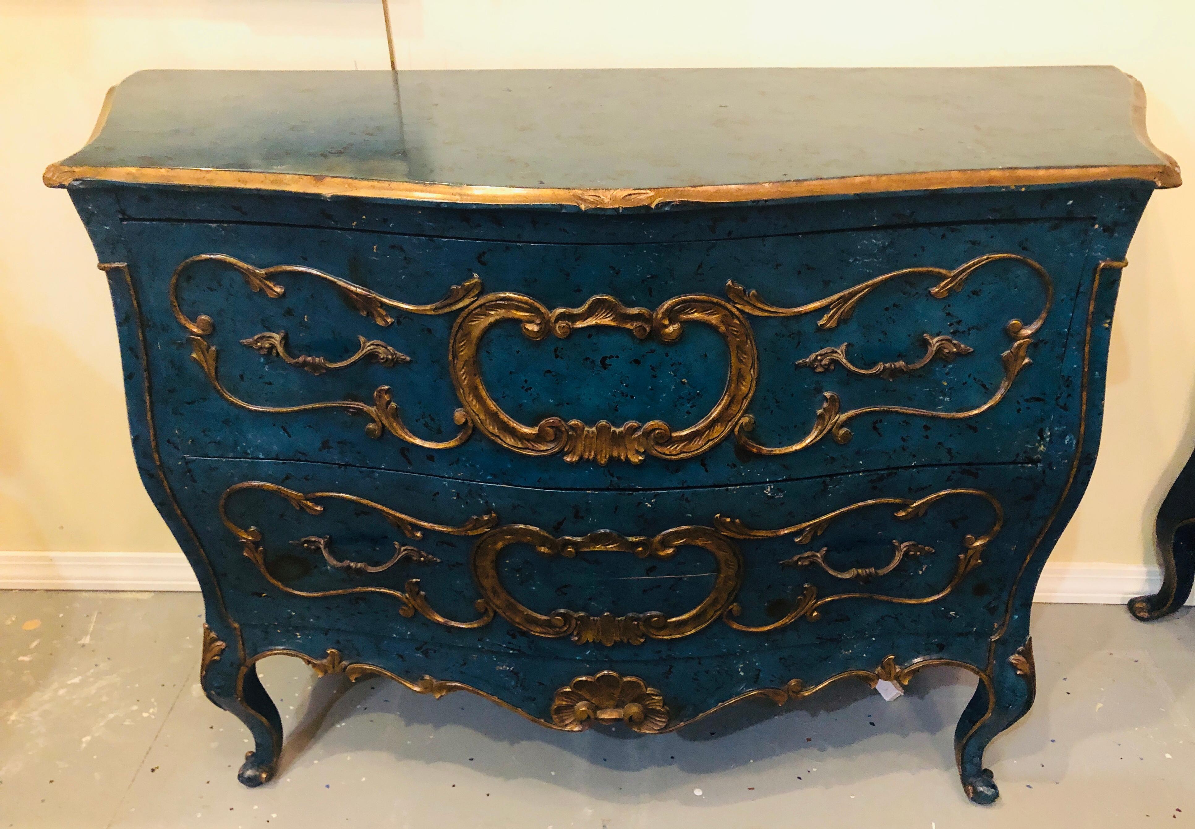 Hollywood Regency Pair of Royal Blue and Parcel-Gilt Decorated Bombay Commodes or Chests