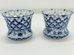 Pair, Royal Copenhagen Blue Fluted Full Lace Vase / Cigarette Cup No 1015