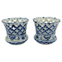 Pair, Royal Copenhagen Blue Fluted Full Lace Vase / Cigarette Cup No 1015