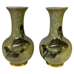Pair Royal Copenhagen Crackle Glaze 1960's Vases Gilded Fish Decoration #1554