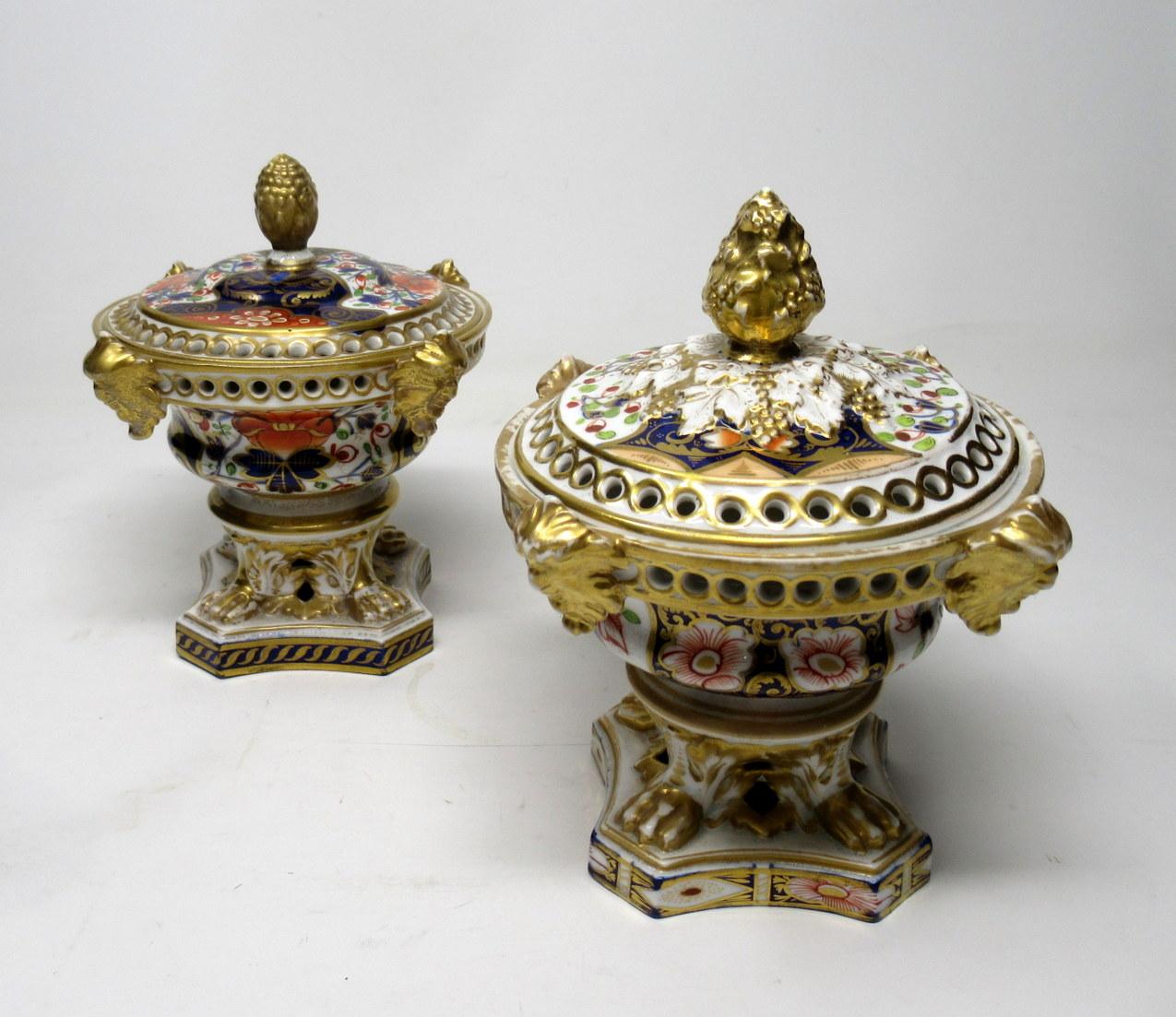 English Royal Crown Derby Cobalt Gilt Potpourri Imari Blue Urns Vases 19th Century, Pair
