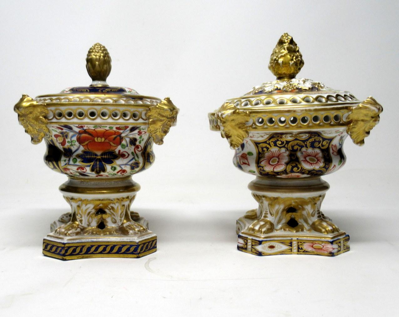 Ceramic Royal Crown Derby Cobalt Gilt Potpourri Imari Blue Urns Vases 19th Century, Pair
