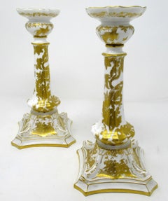 Pair of Royal Crown Derby Cream Gold Alves Pattern Porcelain Candlesticks