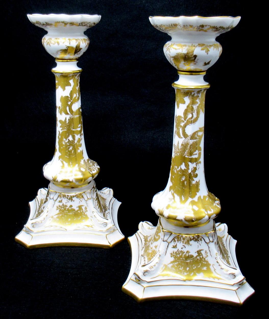 Modern Pair of Royal Crown Derby Cream Gold Alves Pattern Porcelain Candlesticks