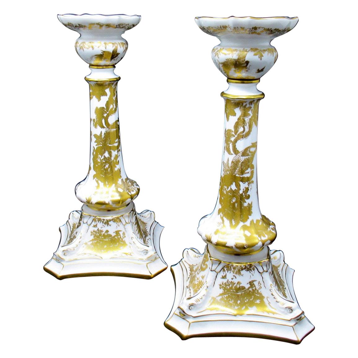 Pair of Royal Crown Derby Cream Gold Alves Pattern Porcelain Candlesticks