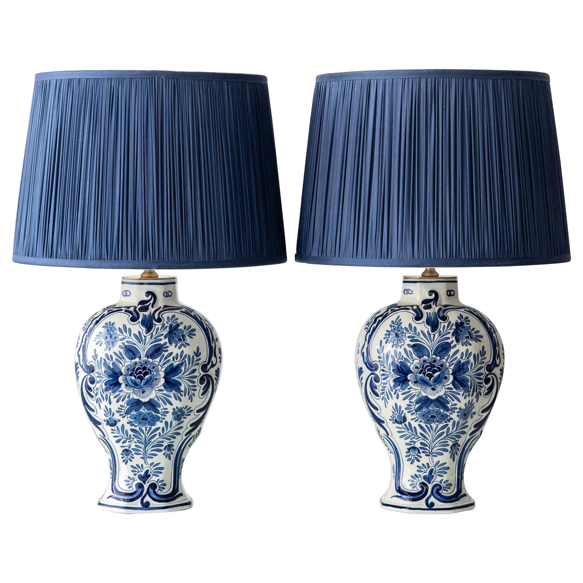 Pair Royal Delft Blue & White Ceramic Table Lamps, 1905, New Pleated Silk Shades