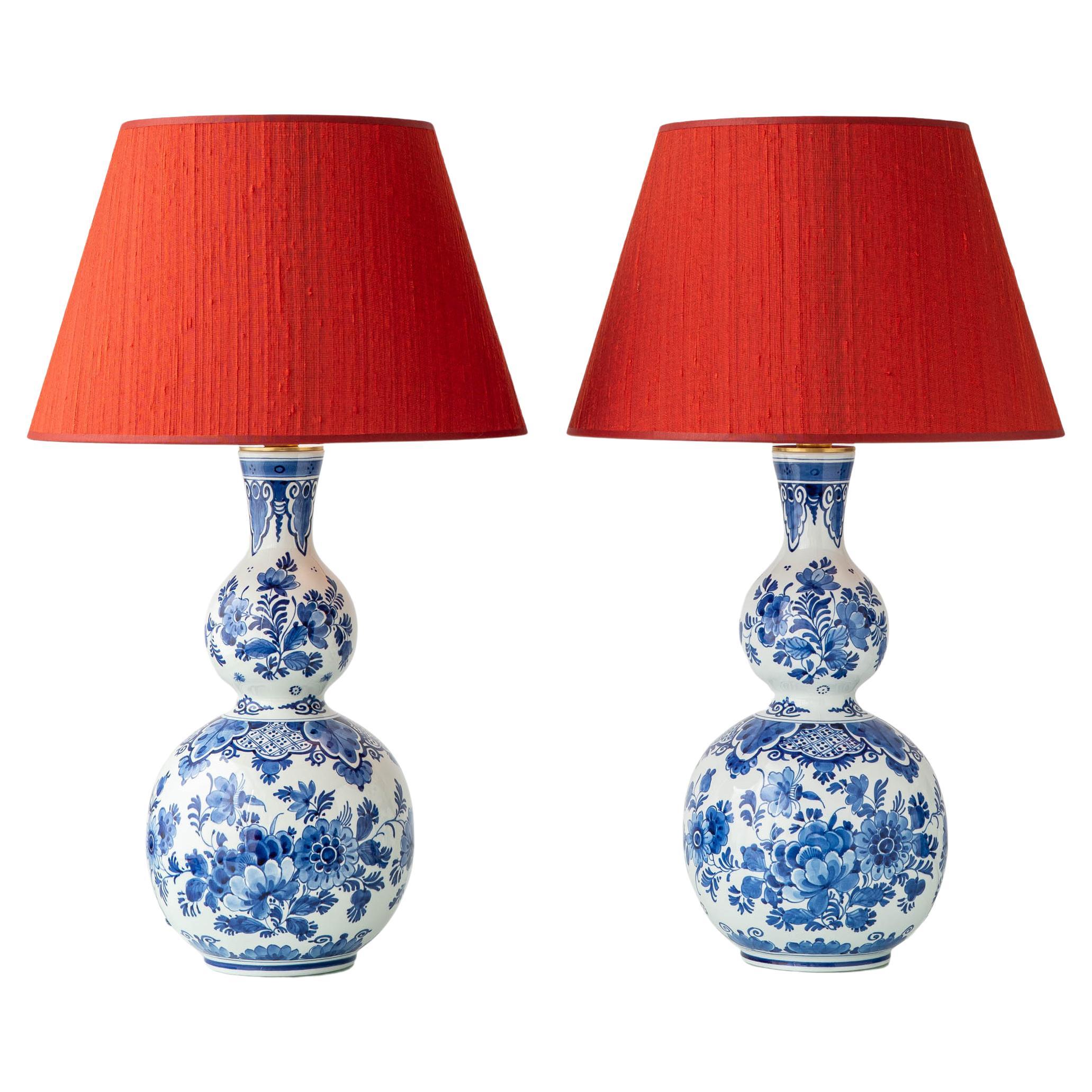 Pair Royal Delft Blue & White Ceramic Table Lamps with New Vermilion Silk Shades For Sale