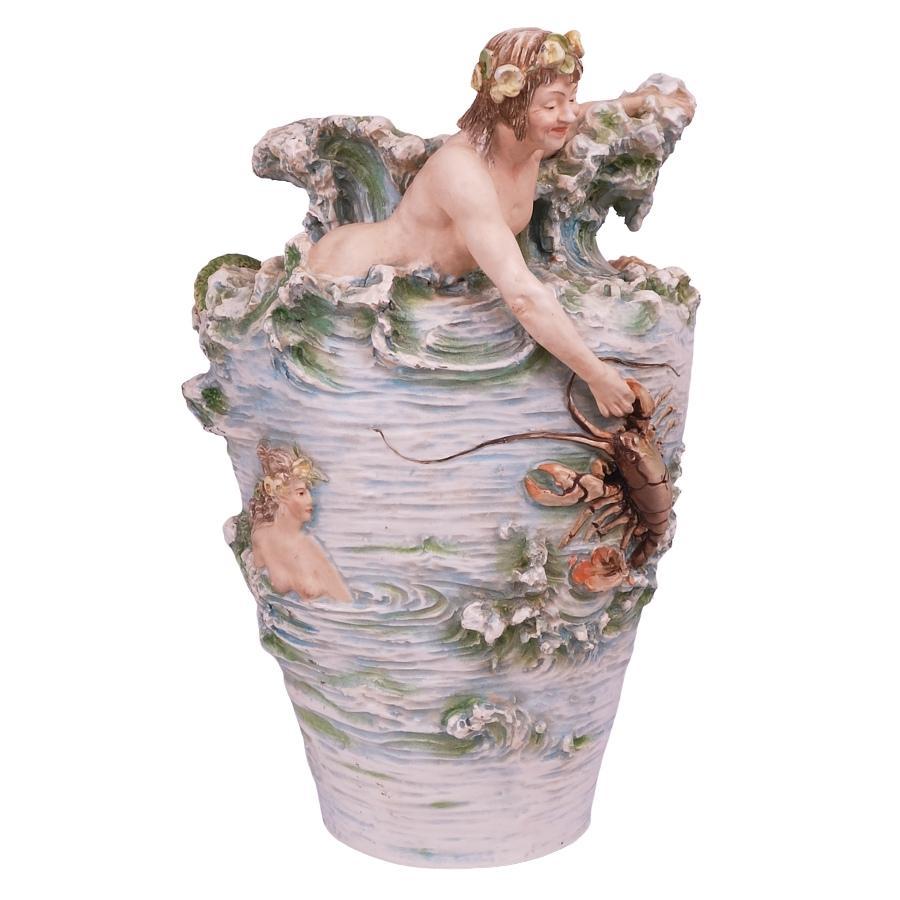 Pair Royal Dux Ceramic Merman & Mermaid Figural Sea Creature Vases Amphora 1910 For Sale 2