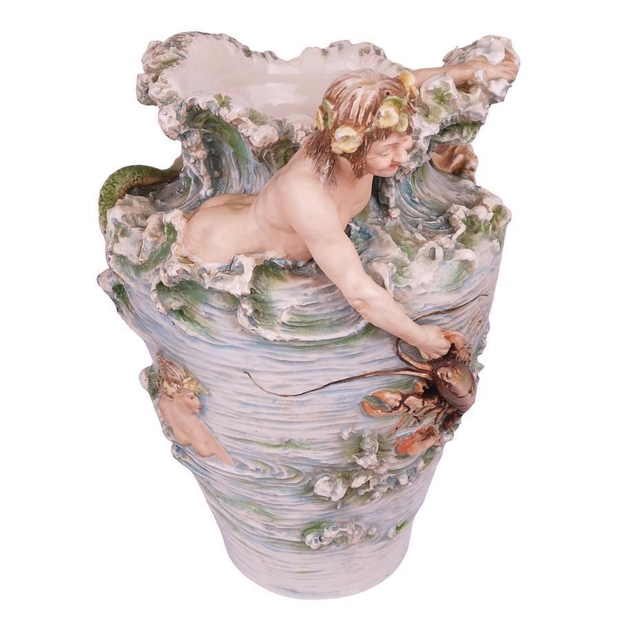 Pair Royal Dux Ceramic Merman & Mermaid Figural Sea Creature Vases Amphora 1910 For Sale 6