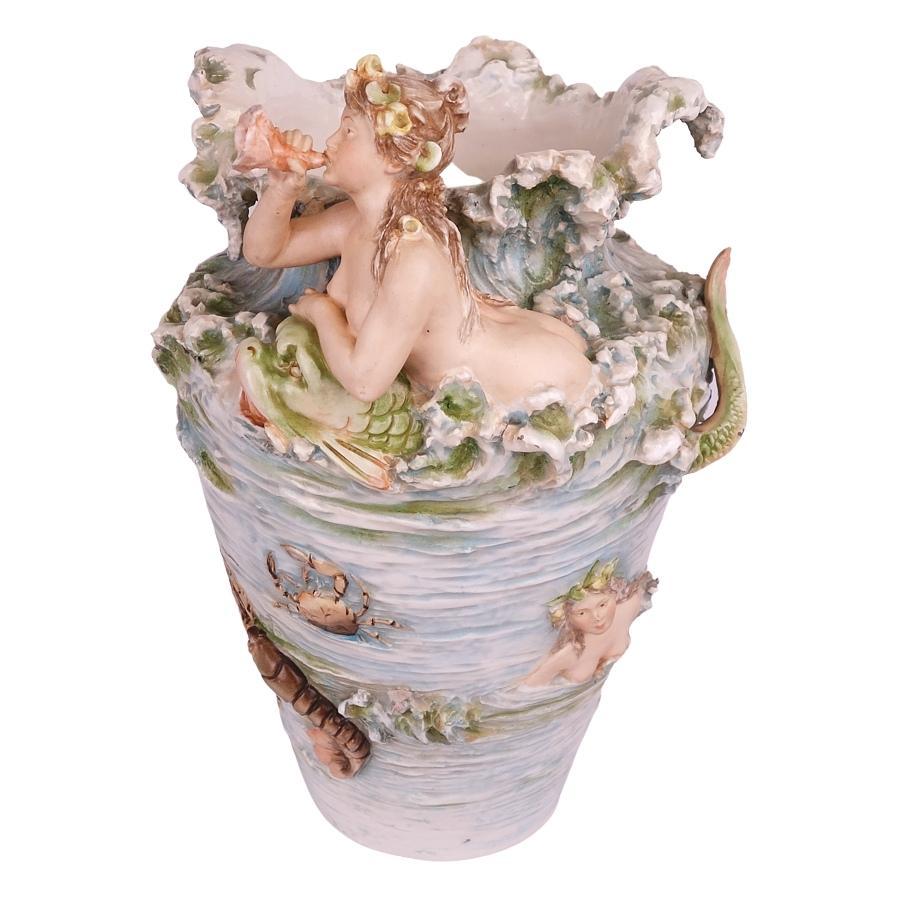 Art Nouveau Pair Royal Dux Ceramic Merman & Mermaid Figural Sea Creature Vases Amphora 1910 For Sale