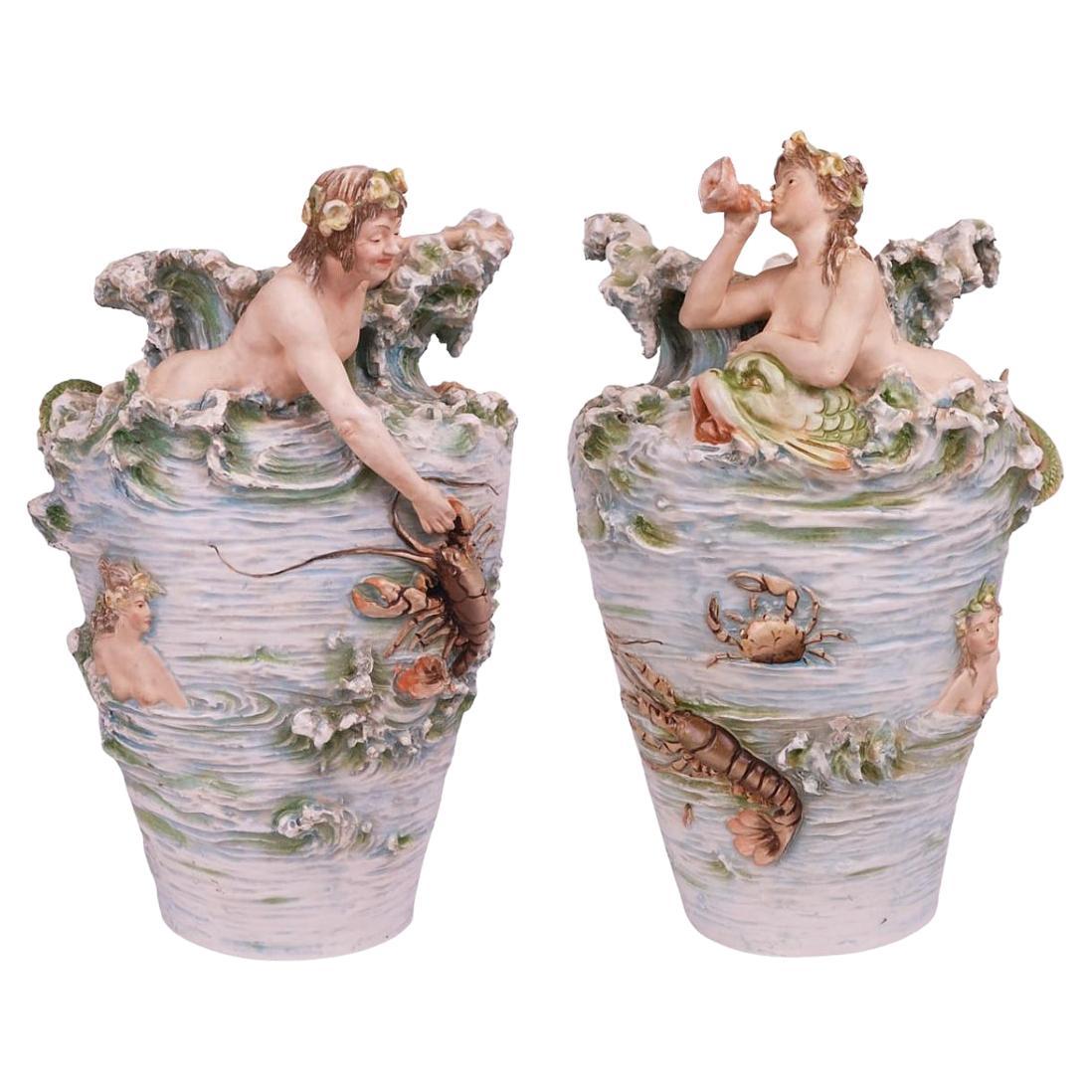 Paar Royal Dux Keramik Merman & Meerjungfrau Figural Sea Creature Vasen Amphora 1910