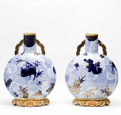 Pair Royal Worcester Aesthetic Porcelain Large Moon Flask Vases circa 1880