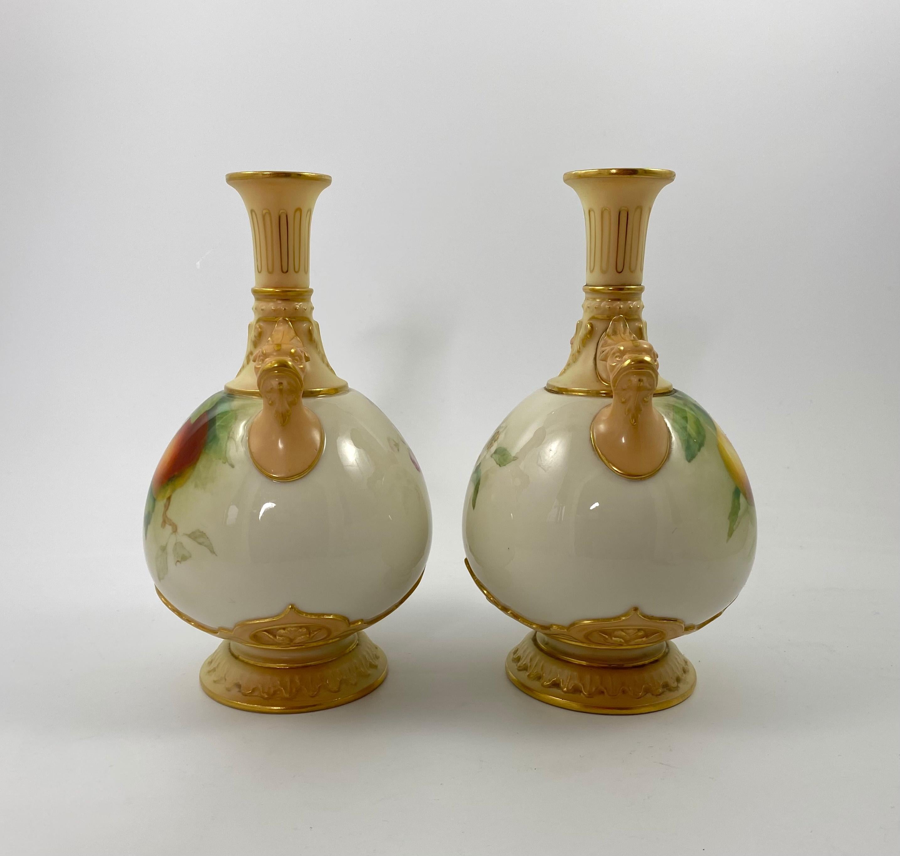 Victorian Pair Royal Worcester Porcelain Vases, Fruit, Signed F. Harper, D. 1906