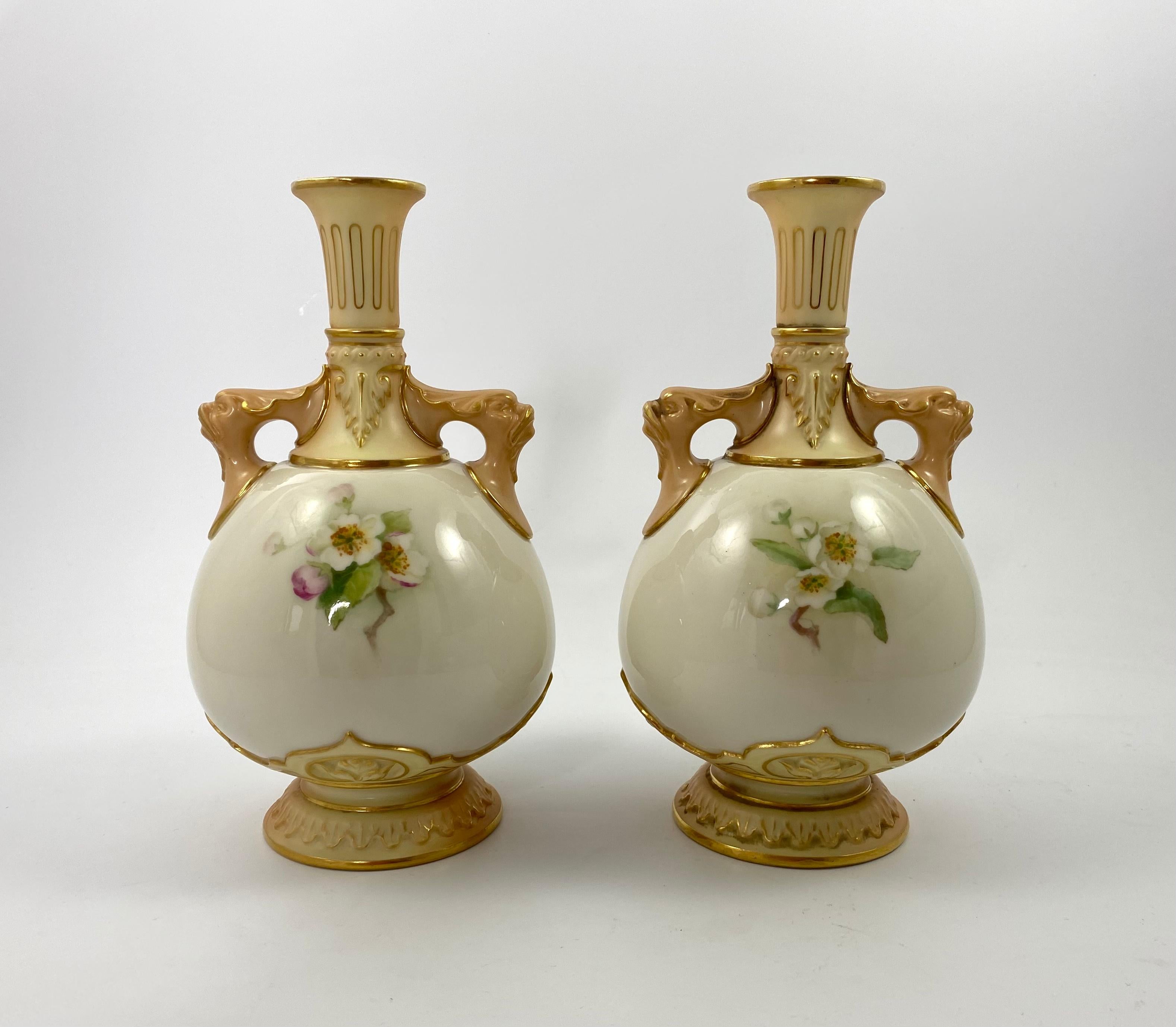 English Pair Royal Worcester Porcelain Vases, Fruit, Signed F. Harper, D. 1906