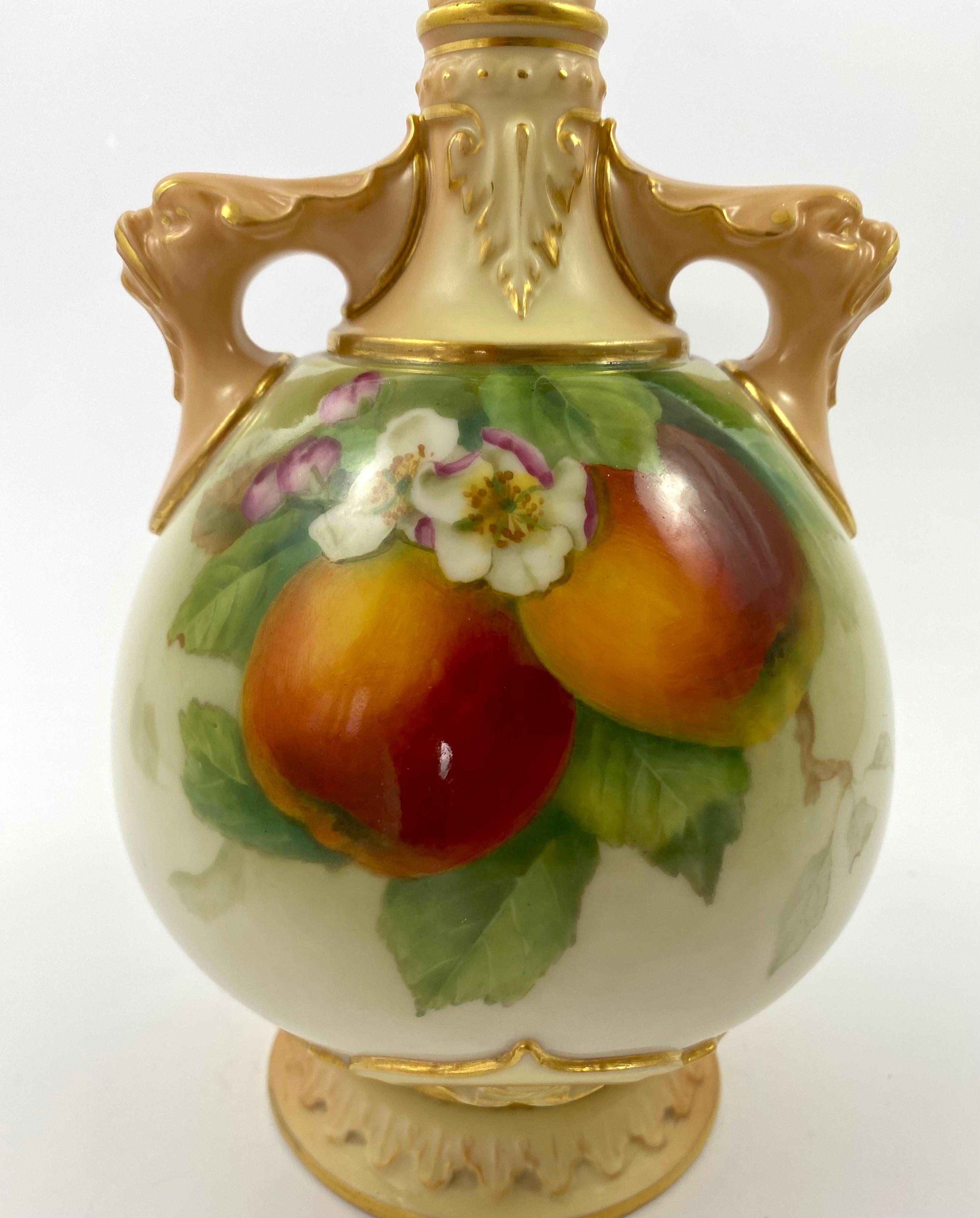 Fired Pair Royal Worcester Porcelain Vases, Fruit, Signed F. Harper, D. 1906