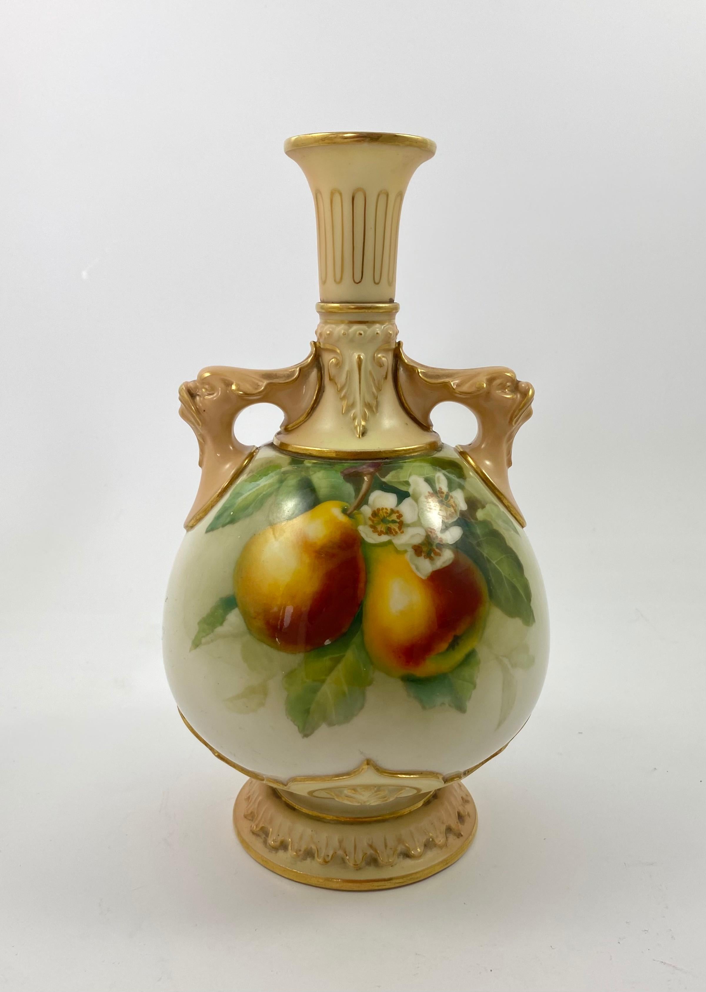 Pair Royal Worcester Porcelain Vases, Fruit, Signed F. Harper, D. 1906 1