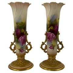 Antique Pair Royal Worcester Porcelain Vases, Roses, Dated 1915