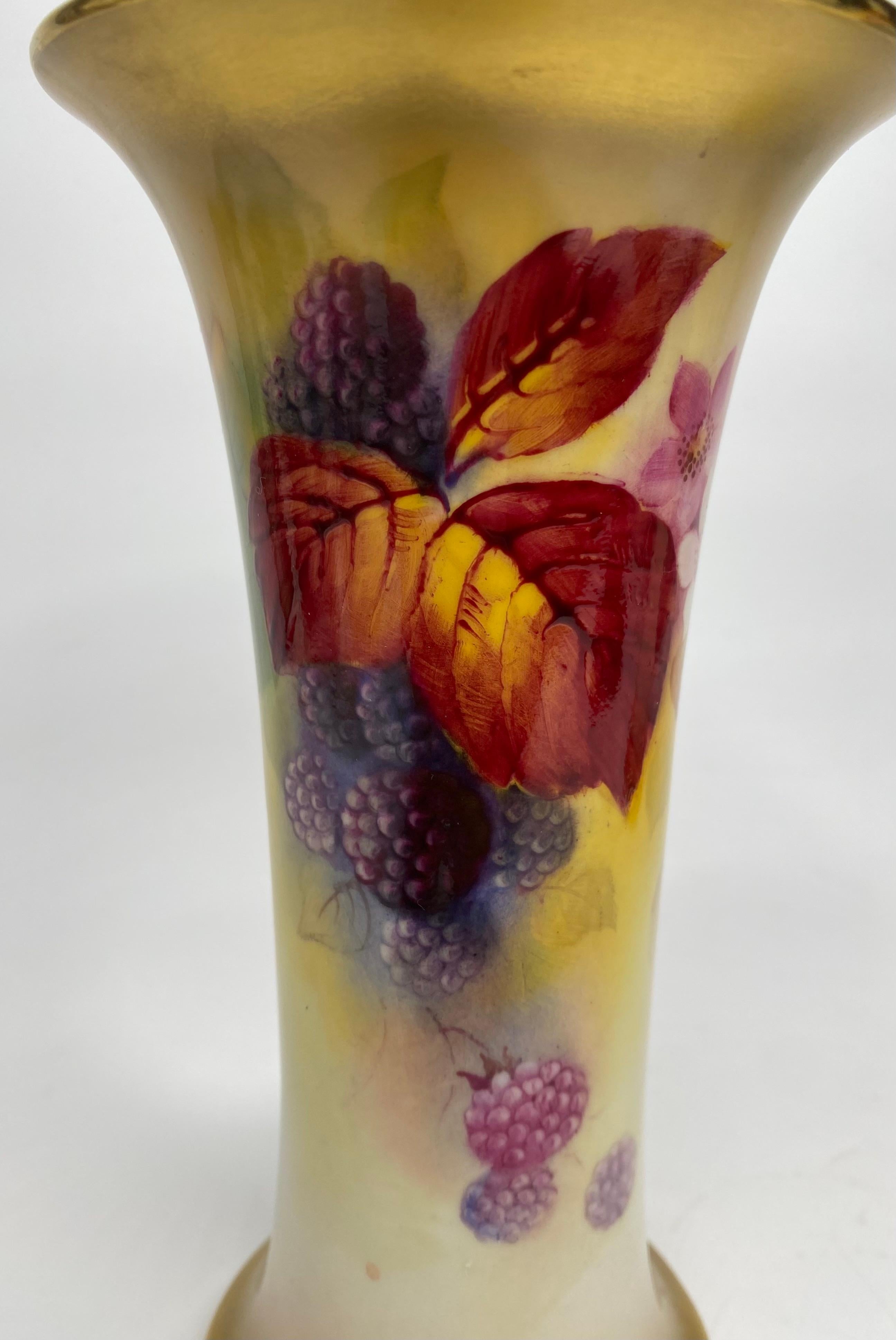 Fired Pair Royal Worcester vases. Blackberries, Kitty Blake, d. 1936. For Sale