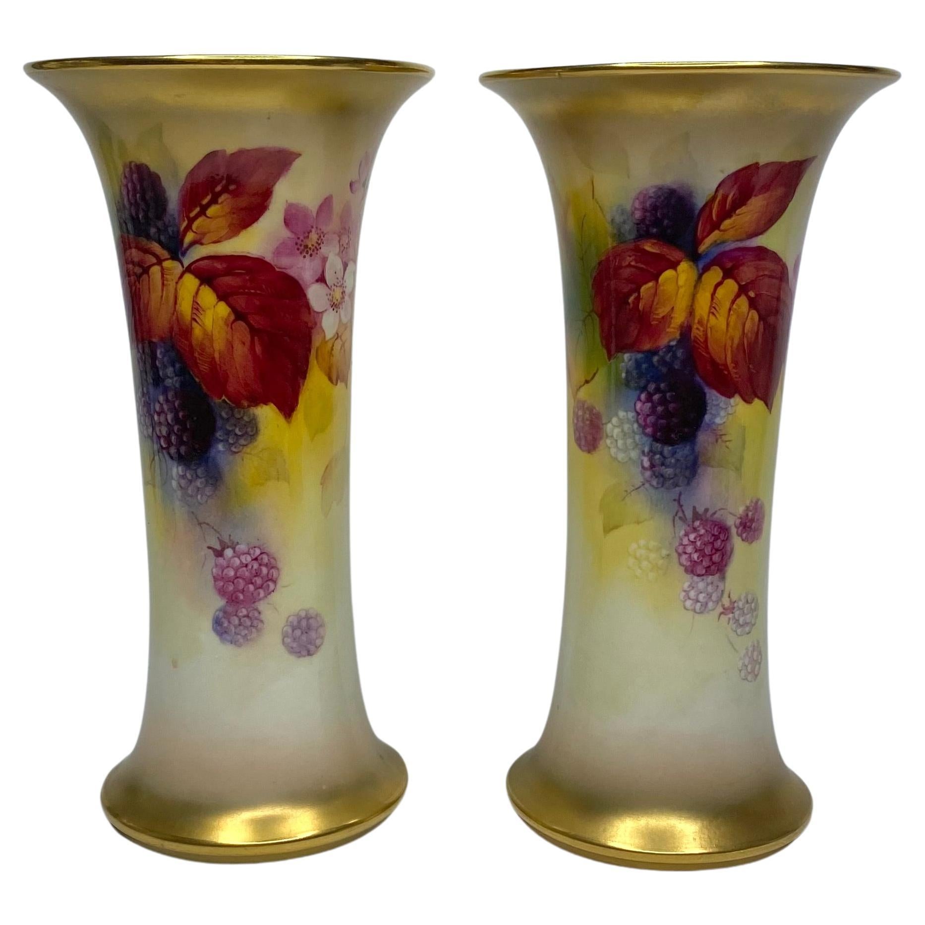 Pair Royal Worcester vases. Blackberries, Kitty Blake, d. 1936.