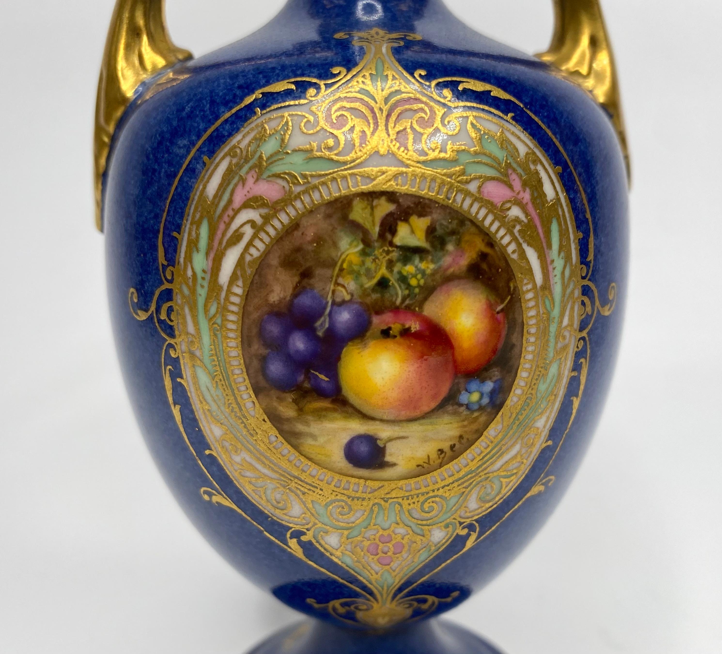 English Pair Royal Worcester vases, Fruit, by W. Bee, dated 1923.
