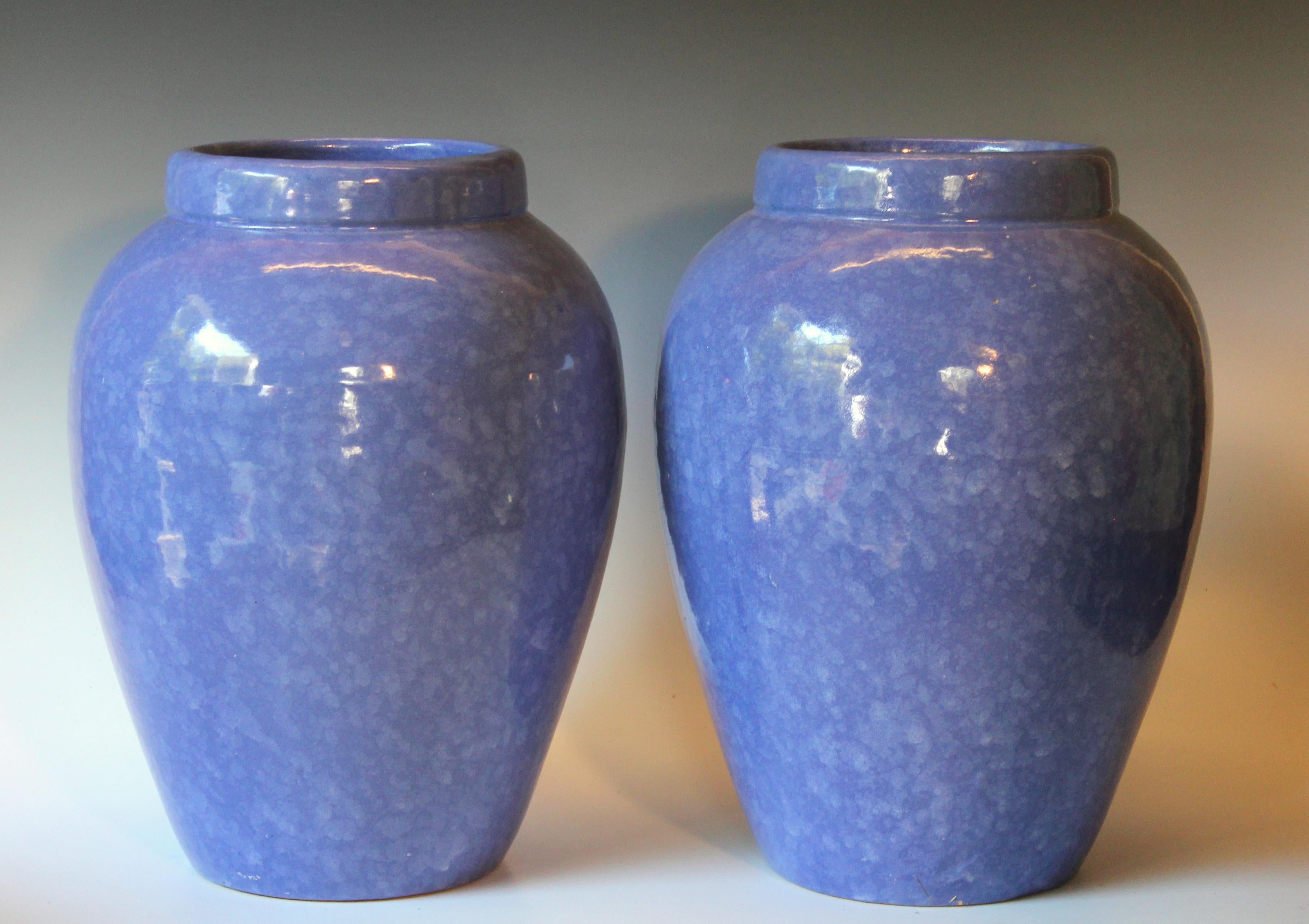 Art Deco RRP CO Oil Jars McCoy Vases Mottled Blue Large Vintage Floor Pottery Urns, Pair