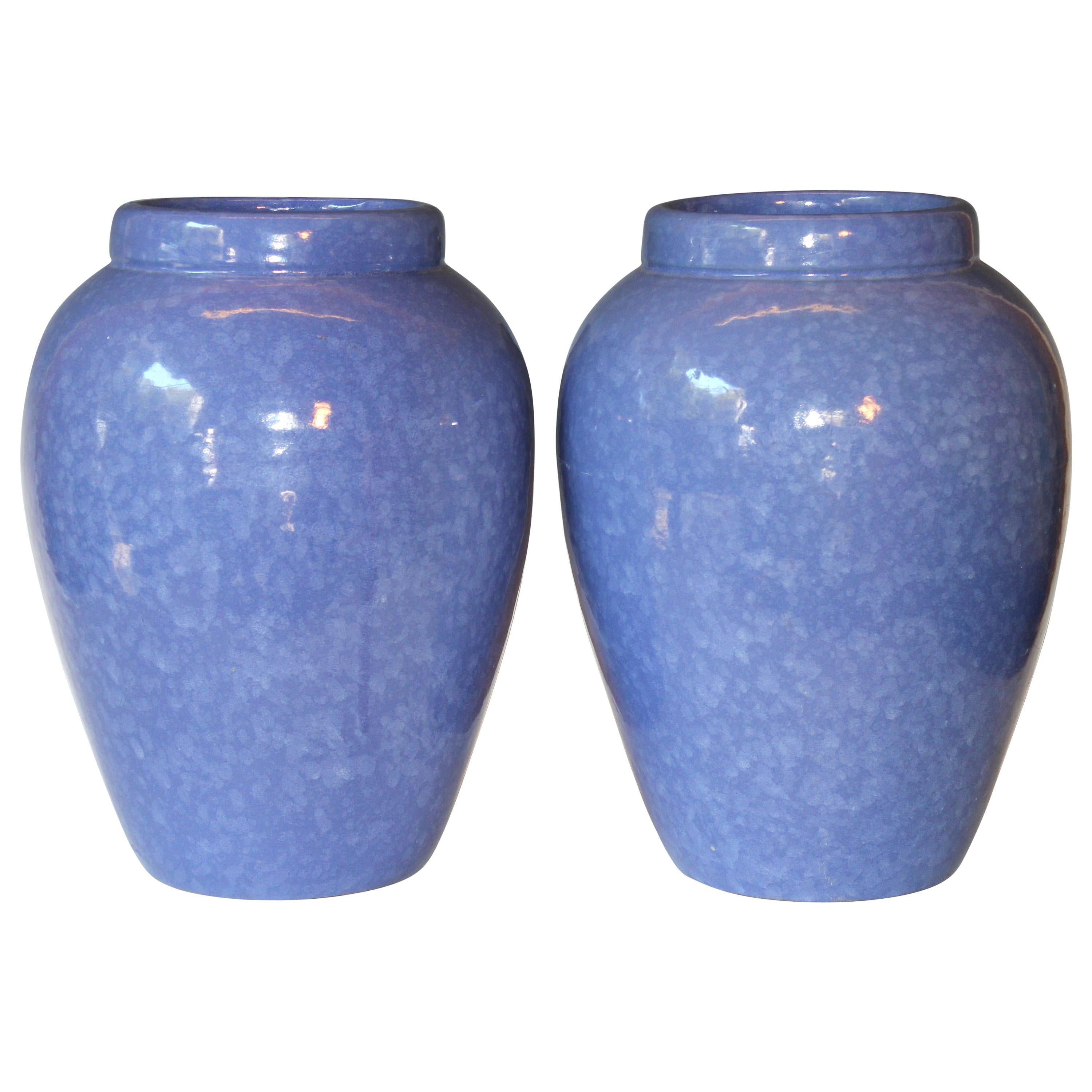 RRP CO Oil Jars McCoy Vases Mottled Blue Large Vintage Floor Pottery Urns, Pair