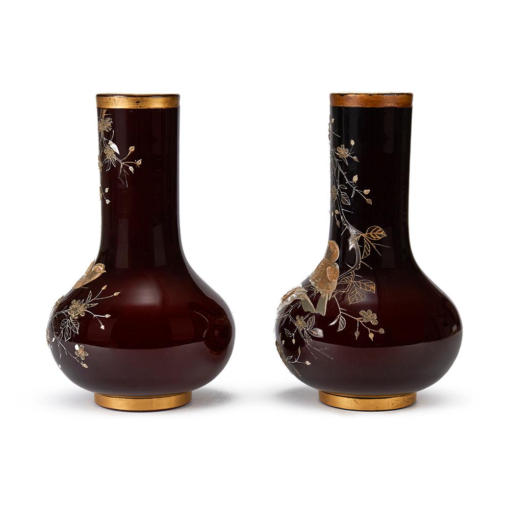 European Pair of Ruby Overlay Bird Applied Glass Vases 19th Century