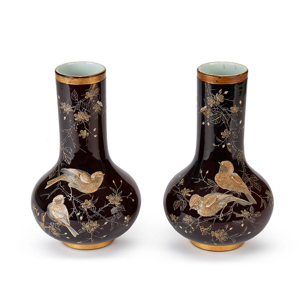 Pair of Ruby Overlay Bird Applied Glass Vases 19th Century In Good Condition In Bishop's Stortford, Hertfordshire