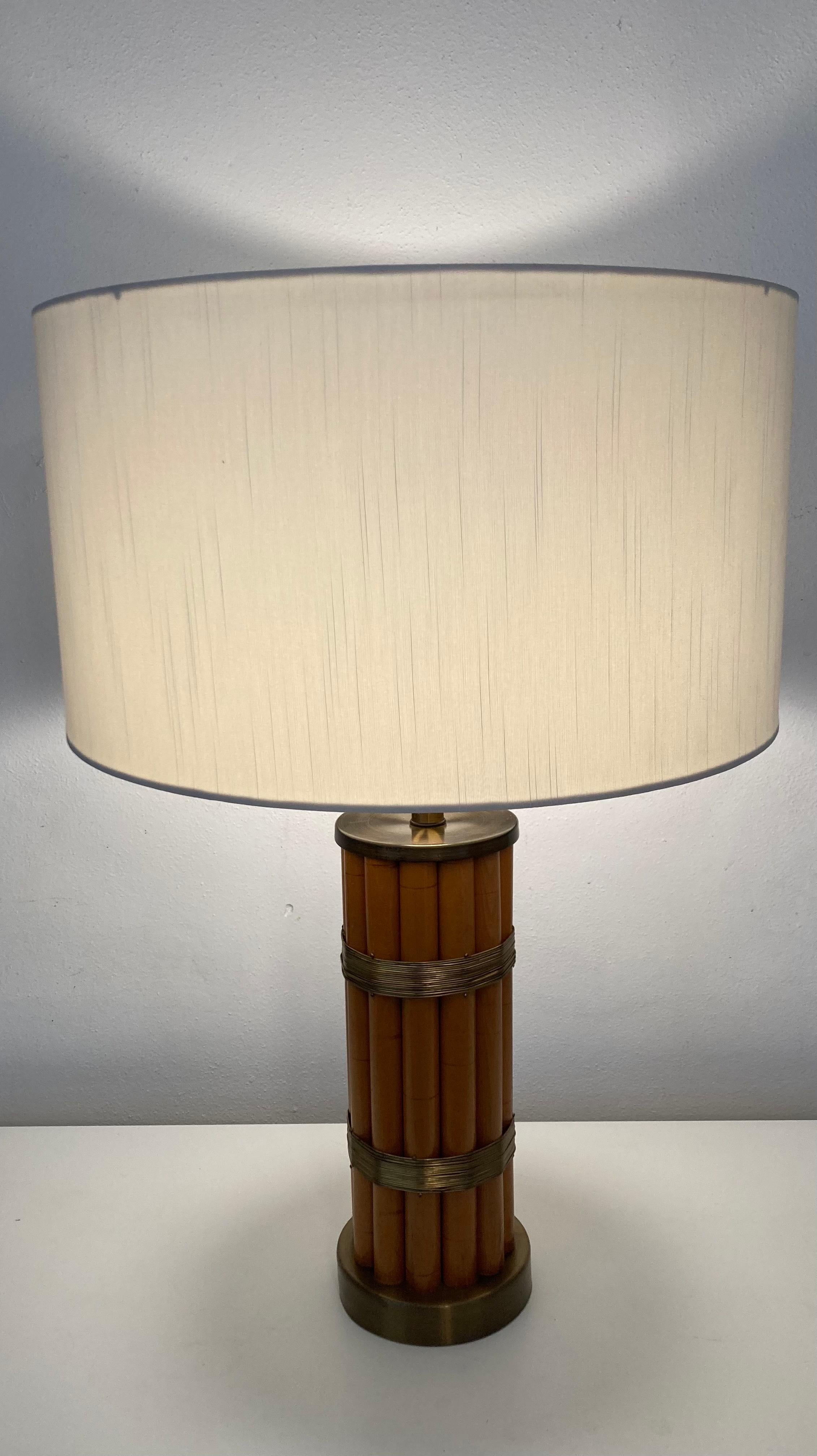 Wood Pair Russel Wright Faux Bamboo Brass Wrap Table Lamps, Mid Century Modern For Sale