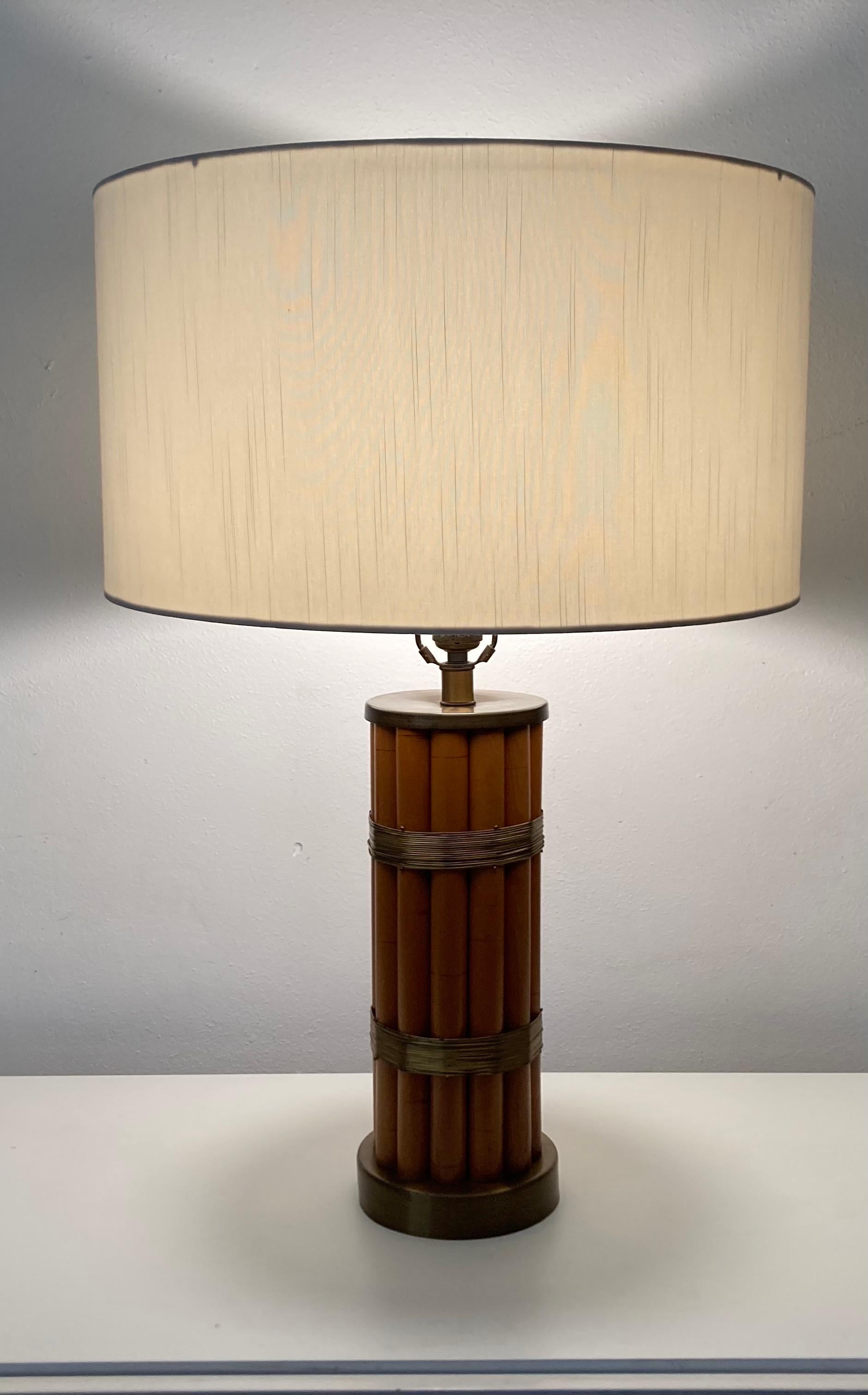 Pair Russel Wright Faux Bamboo Brass Wrap Table Lamps, Mid Century Modern For Sale 1