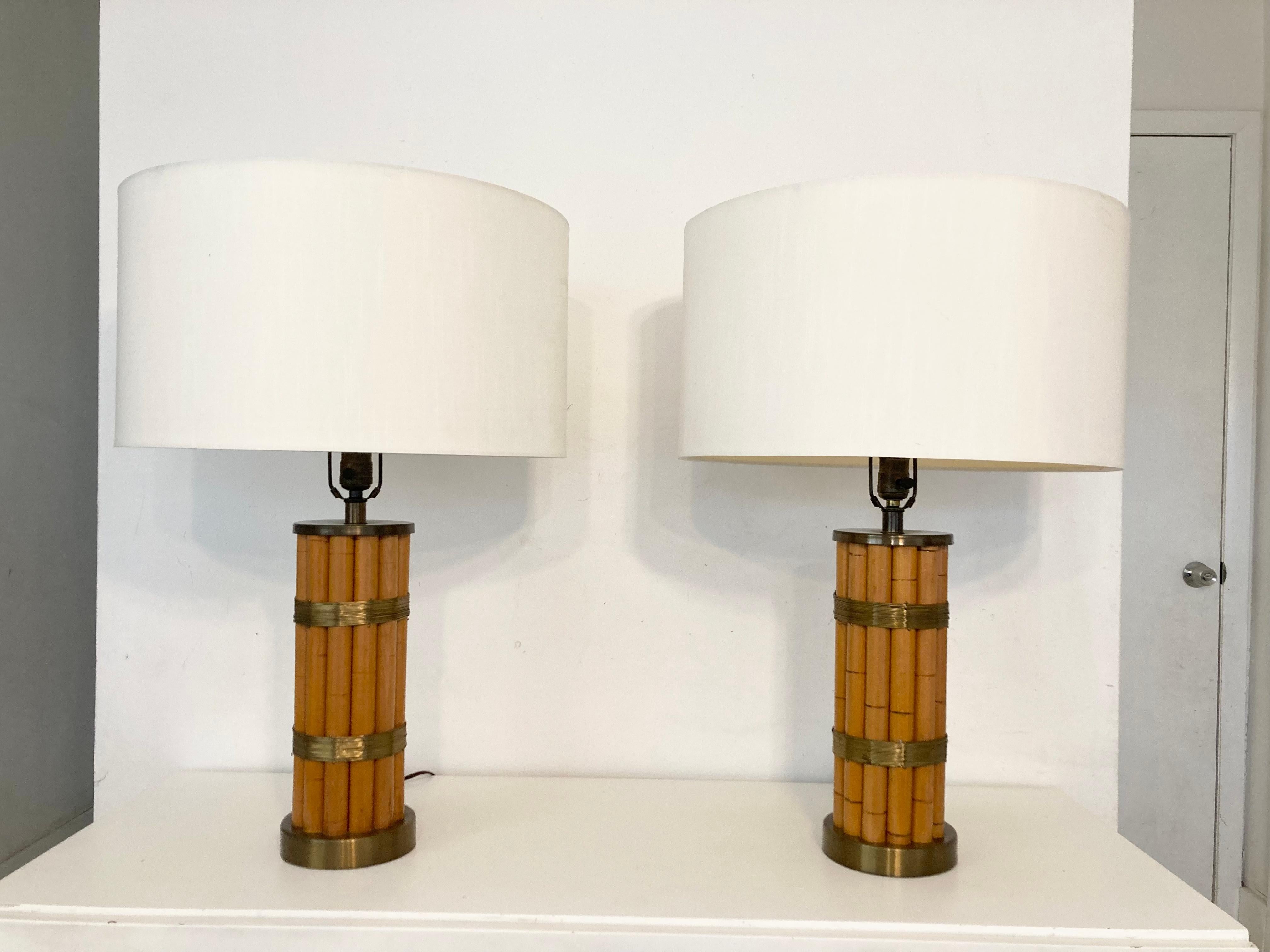 Pair Russel Wright Faux Bamboo Brass Wrap Table Lamps, Mid Century Modern For Sale 4