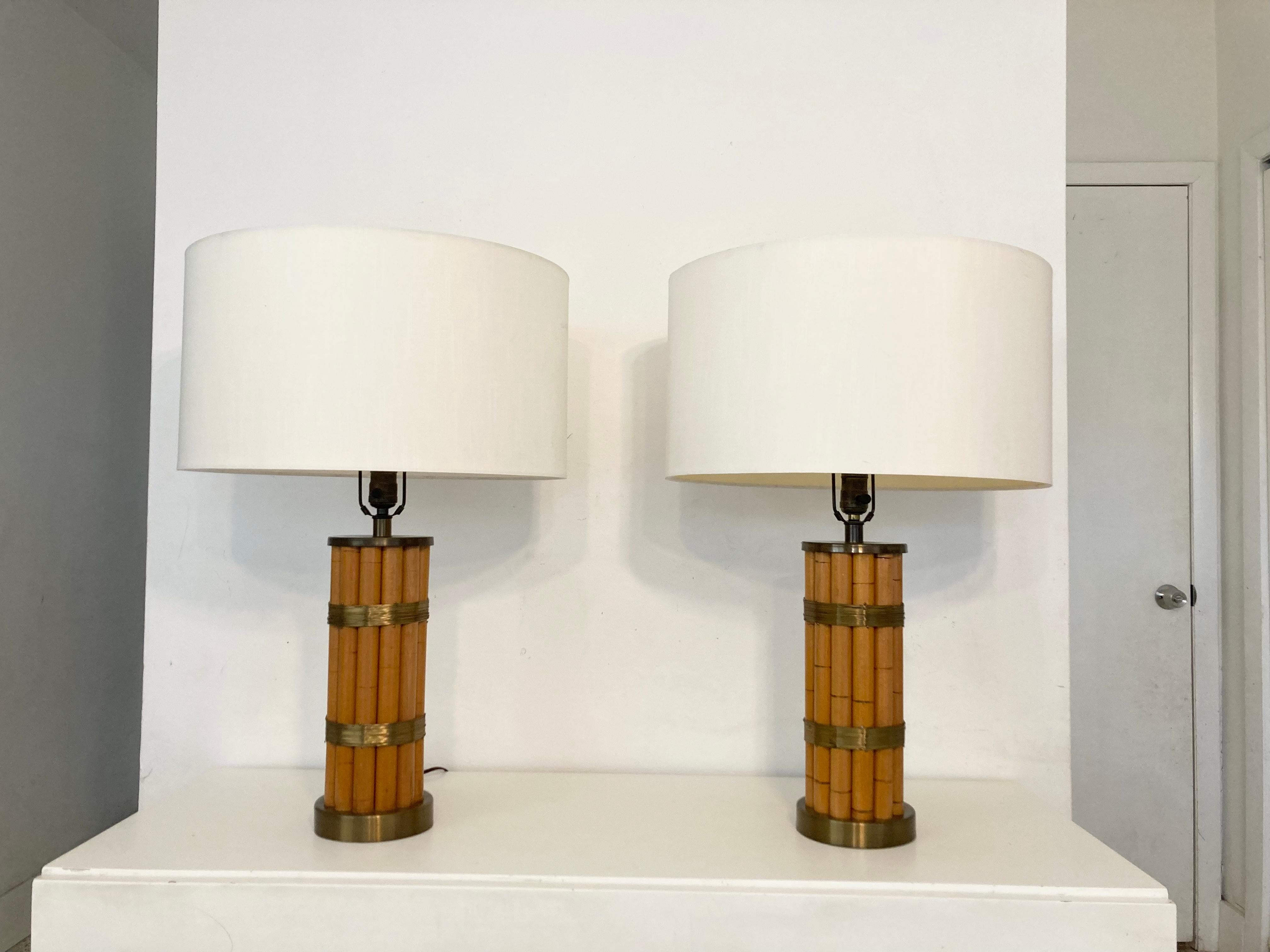Mid-Century Modern Pair Russel Wright Faux Bamboo Brass Wrap Table Lamps, Mid Century Modern For Sale