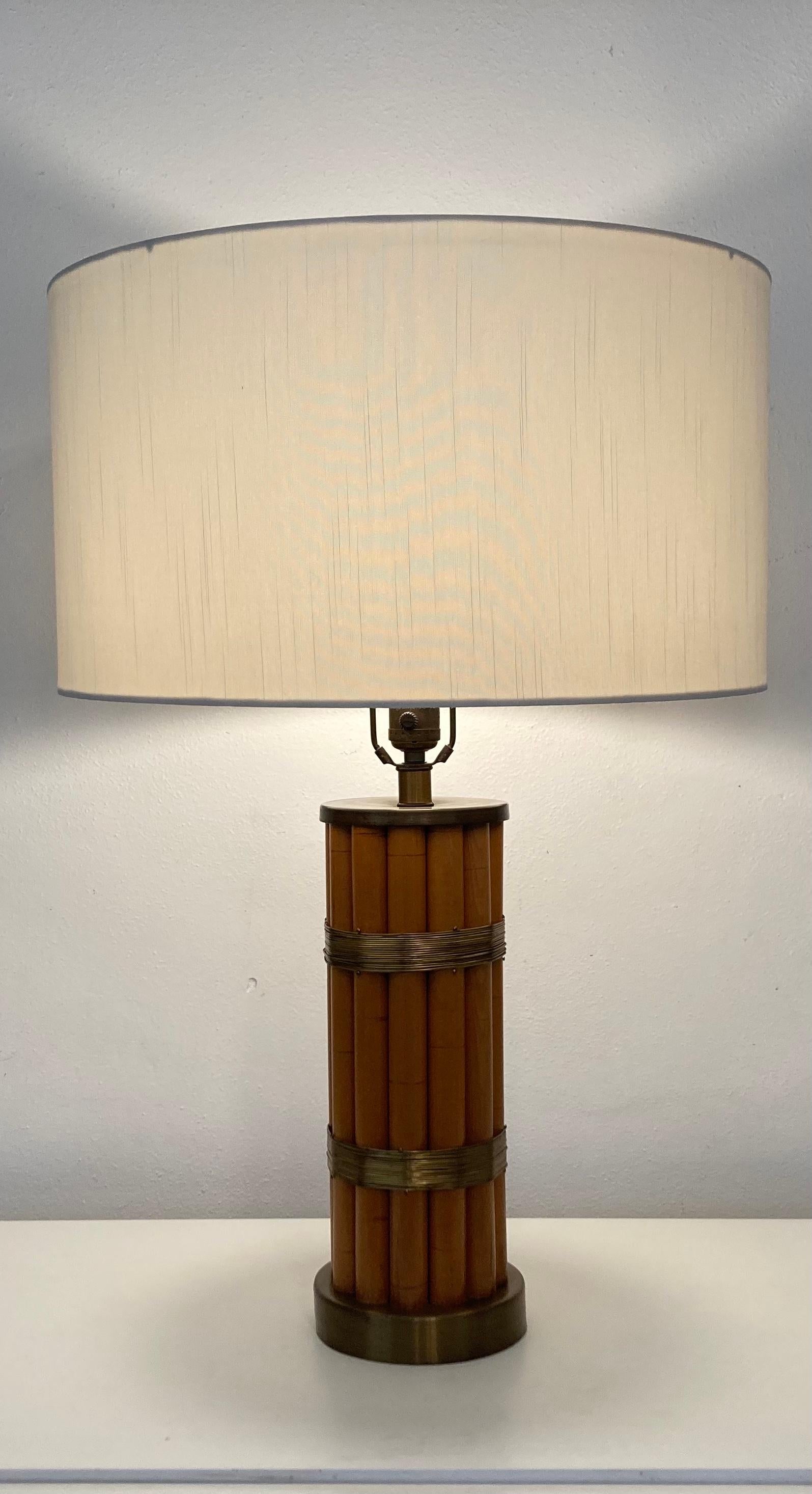 American Pair Russel Wright Faux Bamboo Brass Wrap Table Lamps, Mid Century Modern For Sale