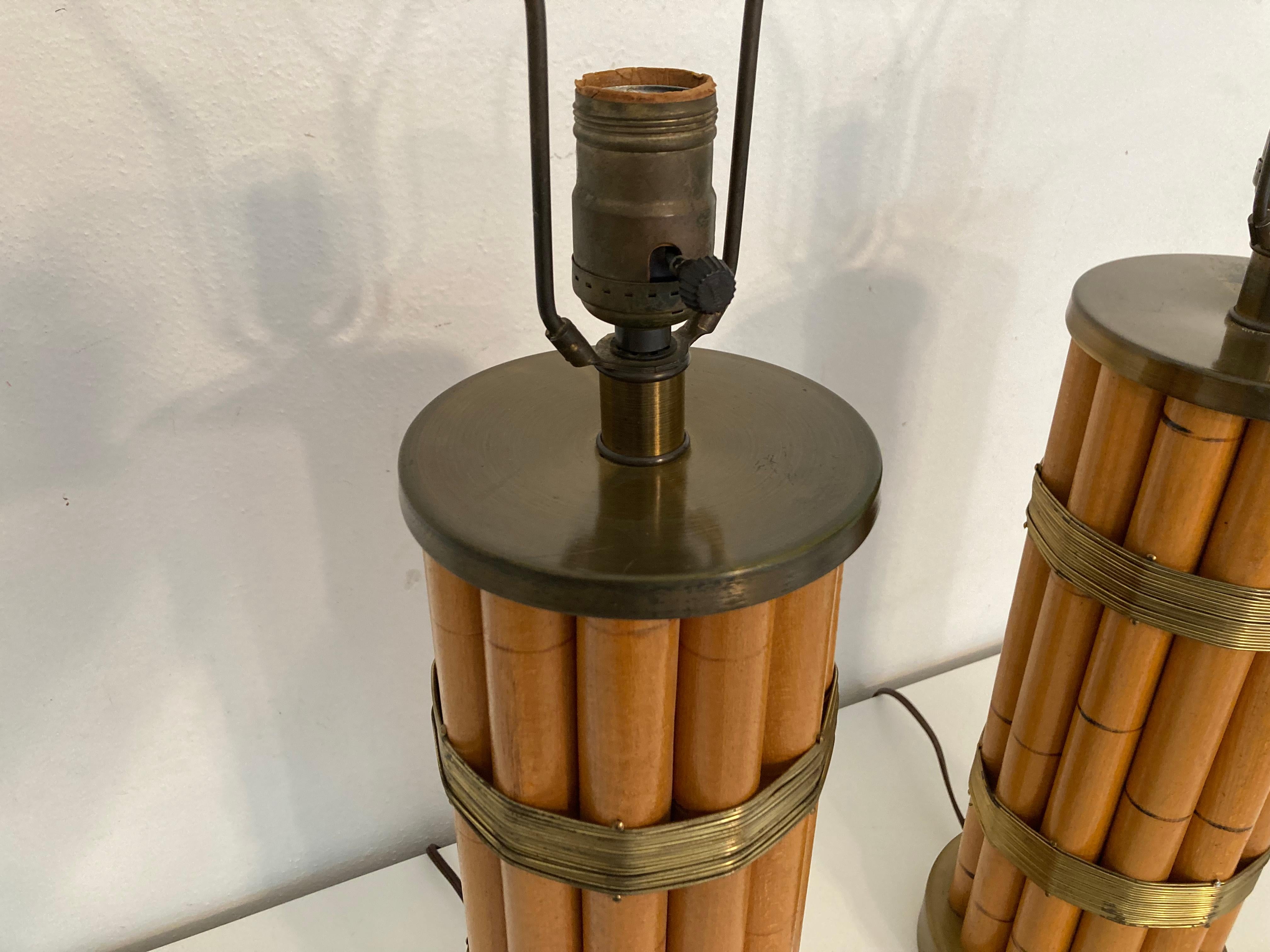 Pair Russel Wright Faux Bamboo Brass Wrap Table Lamps, Mid Century Modern In Good Condition For Sale In Miami, FL