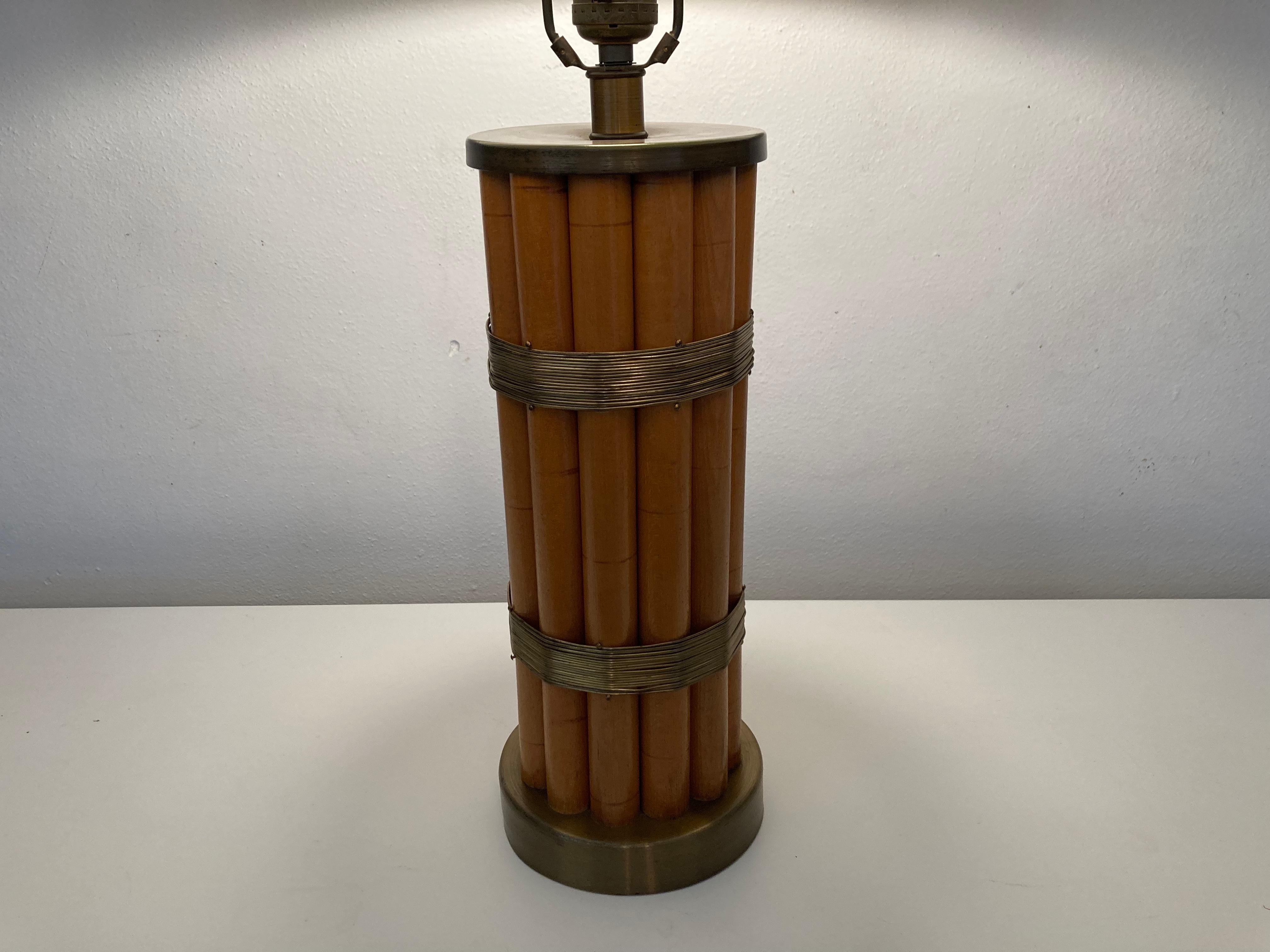 Pair Russel Wright Faux Bamboo Brass Wrap Table Lamps, Mid Century Modern In Good Condition For Sale In Miami, FL