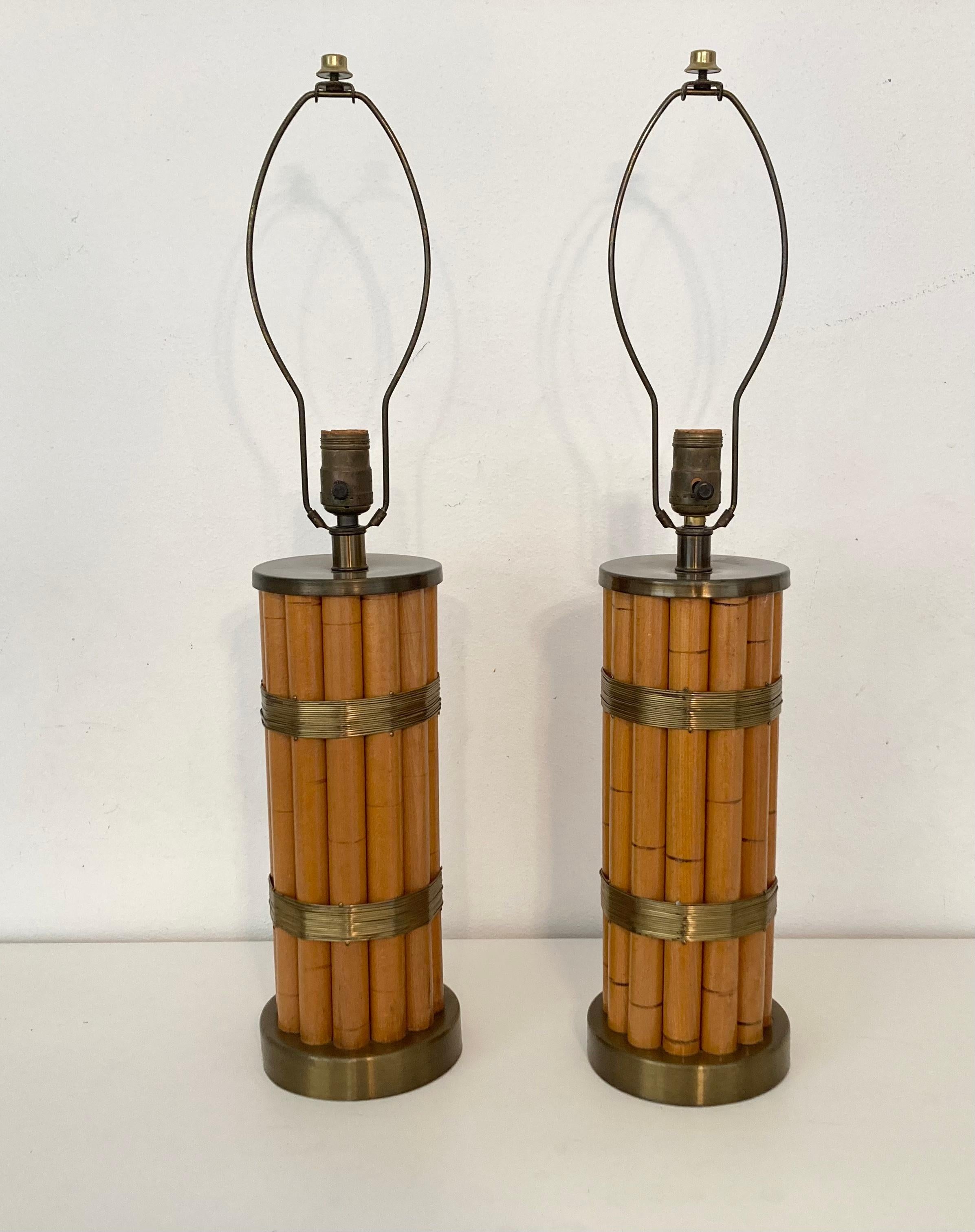 Metal Pair Russel Wright Faux Bamboo Brass Wrap Table Lamps, Mid Century Modern For Sale