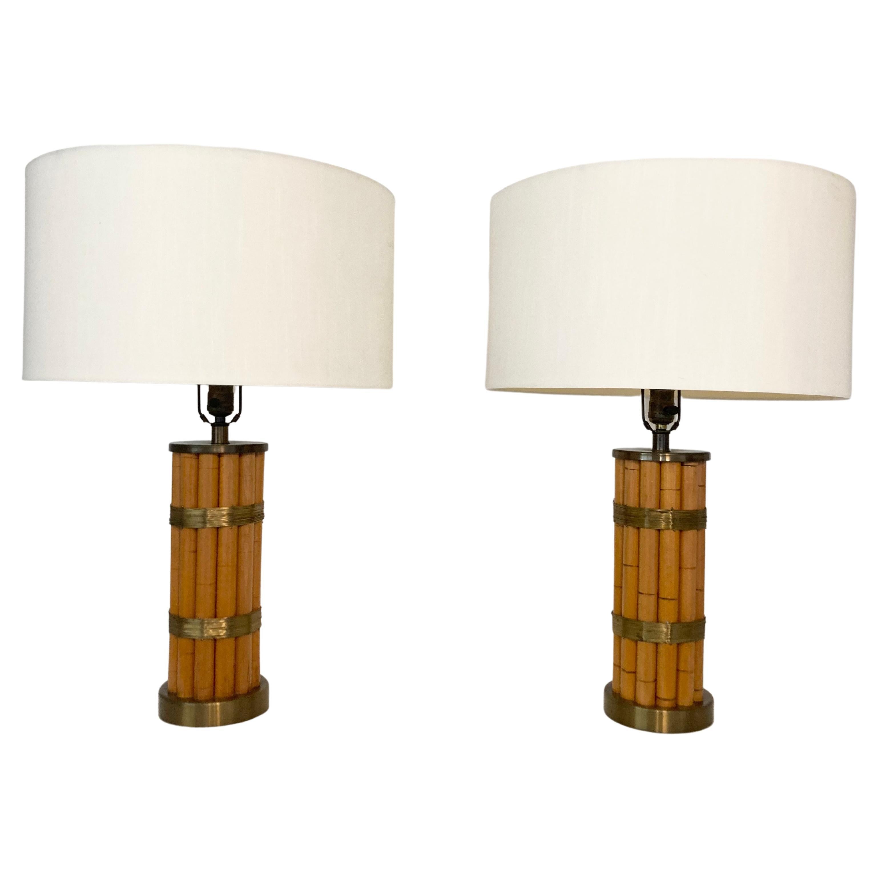 Pair Russel Wright Faux Bamboo Brass Wrap Table Lamps, Mid Century Modern For Sale