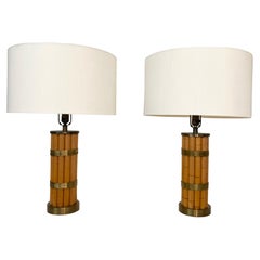Pair Russel Wright Faux Bamboo Brass Wrap Table Lamps, Mid Century Modern