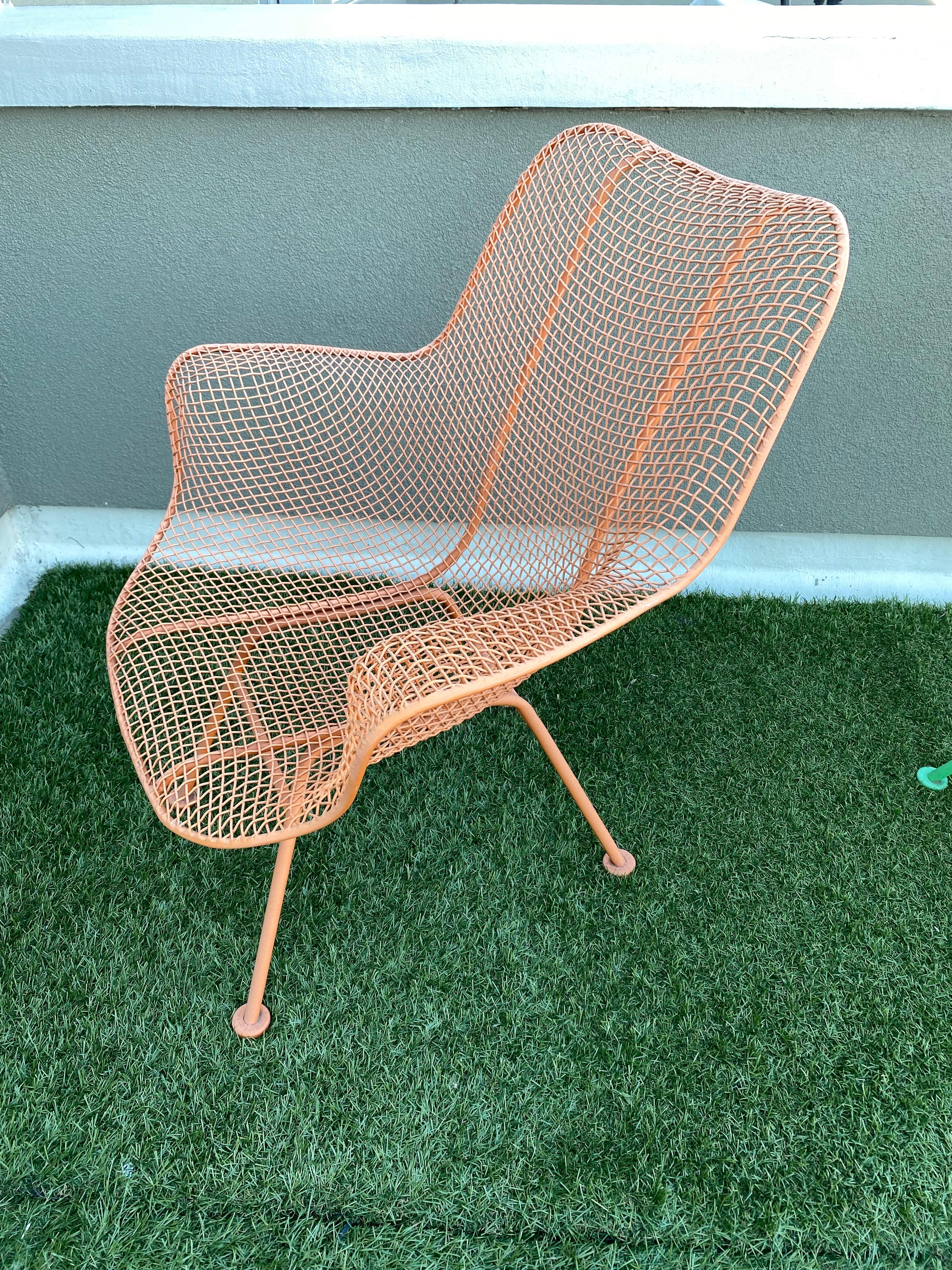 Pair of Russell Woodard high back lounge chairs. Powder coated about 15 years ago. Still look very good with slight fading to finish.